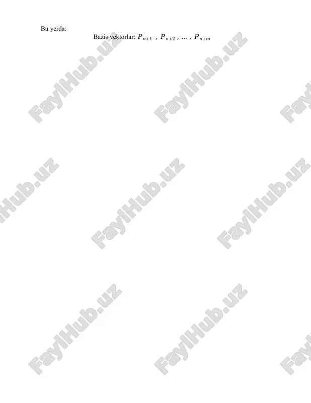 ish berilgan ma’lumotlar asosida simpleks jadvalini tuzamiz 1-jadval i bazis 𝑐 𝑐1 𝑐2 … 𝑐𝑛 𝑐 +1𝑛 𝑐 +2𝑛 … 𝑐 +𝑛 𝑚𝑃𝑏 0 𝑃1 𝑃2 … 𝑃𝑛 𝑃 +1𝑛 𝑃 +2𝑛 … 𝑃 +𝑛 𝑚 1 𝑃 +1𝑛 𝑐 +1𝑛 𝑏1 𝑎11 𝑎12 … 𝑎1𝑛 2 𝑃 +2𝑛 𝑐 +2𝑛 𝑏2 𝑎21 𝑎22 … 𝑎2𝑛 … … … … … … … … m 𝑃 +𝑛 𝑚 𝑐 +𝑛 𝑚 𝑏𝑚 𝑎 1𝑚 𝑎 2𝑚 … 𝑎𝑚𝑛 m+1 𝐹0 ∆1 ∆2 … ∆𝑛 1 – jadvalning bazis ustunida basis vektorlar 𝑃 +1𝑛 , 𝑃 +2𝑛 , … , 𝑃 + 𝑛 𝑚 , 𝑐𝑏 – ustunida esa maqsad funksiyasiga basis o‘zgaruvchilar oldiga koeffitsent𝑐 +1𝑛 , 𝑐 +2𝑛 , … , 𝑐 +𝑛 𝑚 lar va 𝑃0 ustunida ozod hadlardan tuzilgan vector elementlari yozilgan. qolgan ustunlarda esa noma’lumlar oldiga koeffitsentlari yozilgan. 1-jadvalning m+1 satridagi elementlarni ifodalashni ko‘rib chiqamiz. dastlab, m+1 …