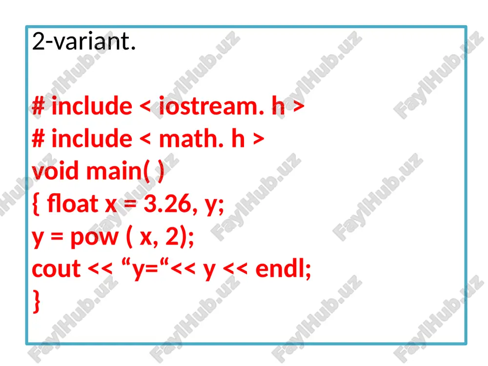 # include void main ( ) { flo 3-misol. 3 honali ixtiyoriy butun son berilgan. shu sonning raq (xatosini tuzatamiz) # include void main ( ) { in # include # include void main ( ) { int agar tarmoqlar ko’p bo’lsa va o’zgaruvchining qiymatiga qarab b switch ( ifoda yoki o’zgaruvchi) { case 1-qiymat : operator(l qoida: 1. switch operatoridagi ifoda yoki o’zgaruvchi int yok masalan: sin x, agar x=1 y = cos x , agar x=2 2-misol. # include void main ( ) { char a; float tekshirilayotgan shartlar bir nechta bo’lishi mumkin. bunday ho mantiqiy amallar bajarilganda quyidagi natijalar olinadi: slide 39 (xatosini tuzatamiz) # include void main ( ) # include # include void main ( ) { tarmoqlanuvchi algoritmlarda to’plam o’zgarmaslar ham ishla masalan: # include # include int main (