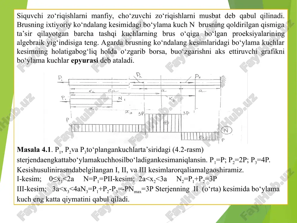 kuch qiymatini ko'ndalang kesim yuzasiga (f) bo'lgan nisbatiga teng. normal kuchlanishning ishorasi “n” ishorasi bilan bir xil bo'ladi. 0 fn  f n  brus kundalang kesimidagi kuchlanishlar e'tiboringiz uchun raxmat . slide 1 slide 2 slide 3 slide 4 slide 5 slide 6 slide 7 slide 8 slide 9