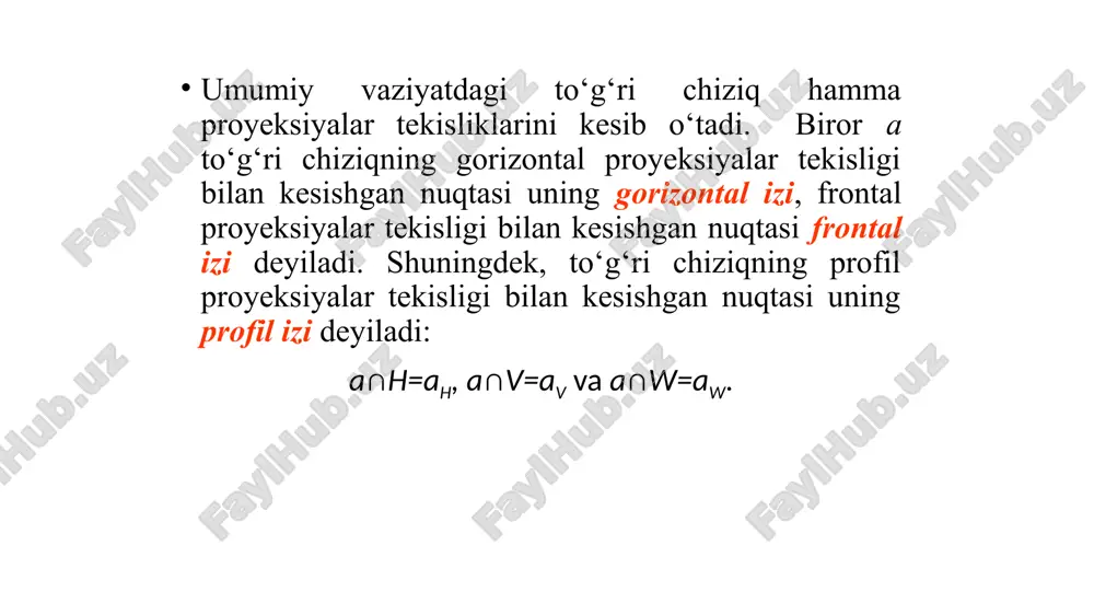 q fazoda umumiy bir (xos) nuqtaga ega bo‘lsa, ularni kesishuvchi to‘g‘ri chiziqlar deyiladi. • fazodagi to‘g‘ri chiziqlar kesishish nuqtasining proyeksiyasi shu to‘g‘ri chiziqlar proyeksiyalarining kesishish nuqtasida bo‘ladi. kesishuvchi to‘g‘ri chiziqlarning bir nomli proyeksiyalari ham chizmada o‘zaro kesishadi va kesishish nuqta proyeksiyalari bir proyeksion bog‘lovchi chiziqda bo‘ladi. • fazoda umumiy vaziyatda kesishuvchi to‘g‘ri chiziqlar berilgan bo‘lsa, bu to‘g‘ri chiziqlarning faqat ikkita bir nomli proyeksiyalarining kesishishi kifoya qiladi. ayqash to‘g‘ri chiziqlar ta’rif. ikki to‘g‘ri chiziq o‘zaro parallel bo‘lmasa yoki kesishmasa ular ayqash to‘g‘ri chiziqlar deyiladi. • ma’lumki, parallel va kesishuvchi to‘g‘ri chiziqlar bitta tekislikka tegishli bo‘ladi. uchrashmas to‘g‘ri chiziqlar esa bir tekislikda yotmaydi. uchrashmas to‘g‘ri chiziqlarning bir nomli proyeksiyalari chizmada o‘zaro kesishsa ham, ammo kesishish nuqtalari bir bog‘lovchi chiziqqa tegishli bo‘lmaydi. • masalan, rasmda ab(a b , a″b″) va ef(e f , e″f″) uchrashmas chiziqlar ′ ′ ′ ′ berilgan. bu to‘g‘ri chiziqlar proyeksiyalarining 1″2″ va 3′4 kesishish ′ nuqtalari fazoda bu …