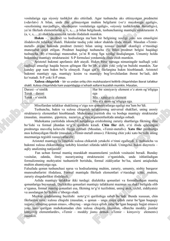 l, muhim va nomuhim, zaruriy va tasodifiy xususiyatlari farq qilinmaydi. formal mantiqning predmeti va strukturasi. hozirgi paytda mantiq ilmining formal mantiq, dialektik mantiq va matematik mantiq kabi yo‘nalishlari farqlanadi. formal mantiq, tafakkur strukturasini fikrning konkret mazmuni va taraqqiyotidan chetlashgan holda, nisbatan mustaqil o‘rganadi. asosan muhokamani to‘g‘ri qurish bilan bog‘liq qoida va mantiqiy amallarga e’tibor qaratadi. o‘zining maxsus formallashgan tiliga, metod va usullariga, konseptual vositalariga ega. falsafa, psixologiya, fiziologiya bilan hamkorlik qiladi hamda ilmiy bilimlar sistemasida o‘zining munosib o‘rniga ega formal mantiqga to‘g‘ri tafakkur shakllari va qonunlarini o‘rganuvchi falsafiy fan, deb ta’rif berish mumkin. dialektik mantiq, tafakkurni uning mazmuni va shakli birligida hamda taraqqiyotida olib o‘rganadi. matematik mantiq esa tafakkurni matematik metodlar yordamida tadqiq etadi. mantiq ilmini o‘rganish, ongli ravishda foydalanish fikrlash madaniyatini o‘stiradi, fikrni to‘g‘ri qurish malakasini rivojlantiradi; baxs yuritishda o‘zi va boshqalarning fikriga tankidiy munosabatda bo‘lishiga, suhbatdoshining mulohazalaridagi xatolarni ochib tashlashga yordam beradi. bu o‘ziga xos mantiq san’ati hisoblanadi. …