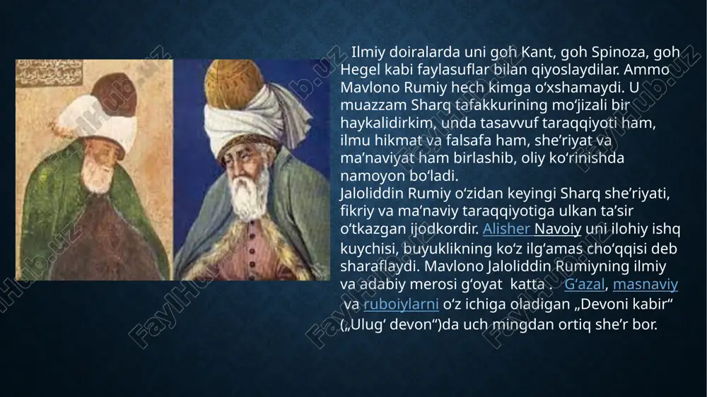 ama rivojlangan yoshlar asri deymiz. bosh maqsadimiz komil inson tarbiyasi bo‘lar ekan, ruhiy kamolot bilan bog‘liq ma'naviy jihati, nafs tarbiyasi va qalb orqali mutloq xaqiqatni idrok etish masalasi ilmiy nuqtai nazardan jiddiy tadqiq etilishi lozim bo‘lgan jumboq ekanligi ma'lum. biror ta'limot, fan yoki hunarni yoshlar ongiga singdirishda avval mazkur, yo‘nalishlar haqida atroflicha tushuncha berish zarur. demak, mavlaviya tariqatidan butun olamni bilish uchun inson, avvalo o‘zini o‘zi anglashi muhimligi ta'kidlanadi. bu tariqatda har bir shaxs o‘zini anglay bilishi, boshqara olishi olamni anglash jaroyonini muhim tarkibiy qismi ekanligini ta'kidlaydi. ma'lumki, tasavvufda ilg‘or fikrli kishilarni oriy, sufiy, valiy deb qaralgan. bularni bir-biridan farqlanishi ichki, botiniy imkoniyatlar bilan o‘lchangan. komillik haqida so‘z yuritsak, demak bu payg‘ambarlik sifatlaridan biri sifatida tushunsak bo‘ladi. bizningcha mazkur komil inson g‘oyasini yanada tushunarliroq bo‘lishi uchun insonlarning sifatlari yanada soddalashtirib tushuntirish lozim. mavlaviya-mutlaq haqiqatga olib borishni ko‘zda tutgan diniy falsafiy xususiyatga ega ta'limot bo‘lib, insonning ma'naviy kamolotiga, komil inson bo‘lishiga …