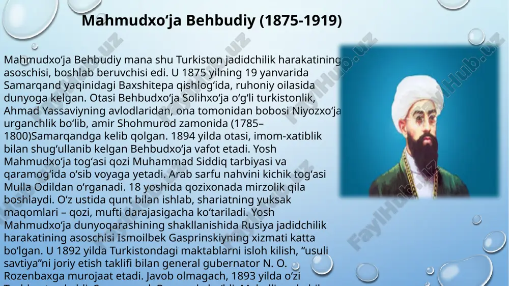 iy gʻurur va iftixor tuygʻularini singdirishga urindilar. rusiya qonunlari imkon bergan darajada turkiston musulmonlarining shaʼnu shavkatini himoya qildilar, inqilob yillarida esa mustaqillik bayrogʻini baland koʻtardilar. mahmudxo‘ja behbudiy. muhtaram yoshlarg‘a murojaat (1914) (parcha) “har bir mamlakatda islohot va madaniyat asbobig‘a tavassul va tashabbus etmoqlik harakati u mamlakatning yoshlari tarafidan zuhur eta boshlagani kabi, bizning turkistonda ham madaniyat eshigi manzalasida bo‘lgan makotibi ibtidoiyya ila intiboh va islohot jarchisi bo‘lgan milliy matbuot g‘ayratlu yoshlarning harakoti maorifparvaronalari soyasida vujudga keldi. shuning uchun har bir milliy havoyijimizdan bo‘lgan mushkul ishlarda yolg‘iz yoshlarimizni marja’ va umidgoh tutib, alardan yordam so‘raymiz (mollari yoki so‘zlari ila millat foidasig‘a yordamlari tekgan ba’zi ulamou ag‘niyomiz ham yoshlar qatoridadurlar). muhtaram birodarlar! barchamizga oftob kabi ravshan va ayondurki, makotib— taraqqiyning boshlang‘ichi, madaniyat va saodatning darvozasidur. har millat eng avval, makotibi ibtidoiysini zamoncha isloh etib ko‘payturmaguncha taraqqiy yo‘lig‘a kirub madaniyatdan foydalanmas. madaniyati hoziradan mahrum qolub, sanoe’ va maorif salohi ila qurollanmagan millat esa, …