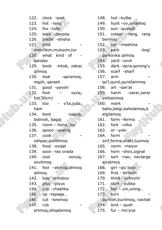 s –shaxmat 189. chick –jo’ja 190. chart –jadval 191. chest –ko’krak qafasi,sandiq 192. lunch –lanch 193. shake – silkitmoq,qaltiramoq 194. sheet –choyshab,list 195. ship – kema 196. sheep – qo’y 197. fish –baliq 198. rush –shoshilmoq, tig’iz 199. where –qayer… 200. under –tagida 201. open – ochiq,ochmoq 202. minus –minus 203. sofa –divan 204. doctor –doktor 205. absent –yo’q bo’lmoq (to be absent from…) 206. sister –opa,singil 207. letter –xat,xarf 208. little – kichik,oz 209. dinner – tushlik 210. supper –kechki ovqat 211. lesson – dars 212. garden –bog’ 213. corner –burchak 214. farmer – fermer 215. duster -lata 216. over – ustidan 217. summer – yoz 218. pepper – murch 219. former – sobiq 220. member -a’zo 221. winter –qish 222. paper –qog’oz, gazeta 223. butter –yog’ 224. autumn – kuz 225. house –uy 226. count – sanamoq 227. round –yumaloq, atrofida 228. blouse –kofta 229. town –shaxarcha 230. …