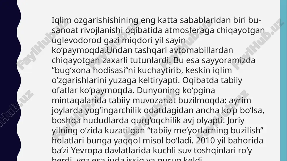, masalan, atmosfera haroratining o'zgarishi, eroziya, ob-havoning o'zgarishi va tektonizm kabi geologik omillar va biologik omillar, masalan, invaziv turlarning kiritilishi. invaziv turlar bu-ekotizimlarga jiddiy ta'sir ko'rsatadi va mahalliy biologik xilma-xillikni kamaytiradi. iqlim o'zgarishi oqibatlari ularni tushunishni juda muhimdir, shuning uchun biz ularga etkazadigan zararni kamaytirishimiz kerak. image1.png image2.png /docprops/thumbnail.jpeg