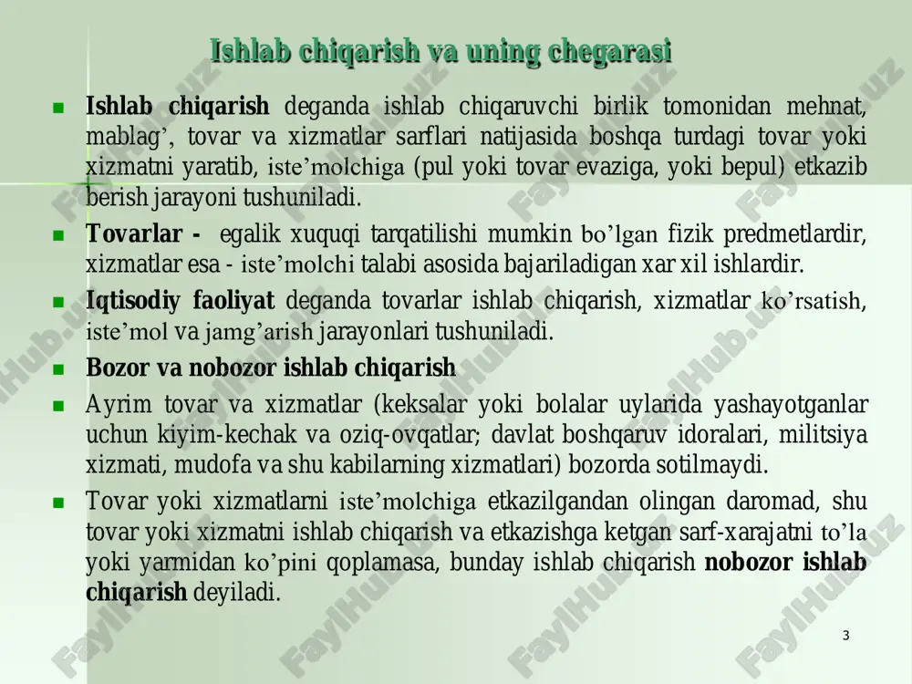 esurslari 1.nomoliyaviy korxonalar 1.1.davlat korxonalari 1.2.nodavlat (xususiy) korxonalar 1.3.chet el firmalari tovarlar ishlab chiqarish va xizmatlar ko'rsatish tovarlar ishlab chiqarish va xizmatlar ko'rsatish 2.moliya tashkilotlari 2.1.markaziy bank 2.2.pul korporasiyalari 2.3.yordamchi moliya tashkilotlari 2.4.sug'urta va nafaqa fondlari moliya resurslarini yig'ish, o'tkazish va taqsimlash. sug'urta va nafaqa fond- larini tashkil qilish moliya operatsiyalaridan olingan foizlar, foydalar. sug'urta va nafaqa badallari 8 davom etadi 3.davlat boshqaruv idoralari 3.1.markaziy xukumat idoralari 3.2.mahalliy xokimiyat idoralari 3.3.sotsial ta'minot fondlari aholi guruhlariga, uy xo'jaligiga nobozor xizmatlar ko'rsatish, milliy daromad va boylikni taqsimlash va qayta taqsimlash bevosita yoki bilvosita olingan majburiy soliqlar 4.uy xo'jaliklariga xizmat ko'rsatuvchi notijorat tashkilotlar uy xo'jaliklariga, aholi guruhlariga nobozor xizmatlar ko'rsatish ixtiyoriy to'lovlar, badallar, mulkdan olingan daromadlar 5.uy xo'jaliklari 5.1.ish beruvchilar 5.2.o'zi uchun ishlovchilar 5.3.yollangan ishchi- xizmatchilar 5.4.xususiy mulkdan daromad oluvchilar tovar va xizmatlarni iste'mol qilish, tovar ishlab chiqarish va xizmat ko'rsatish ish xaqi, mulkdan olingan daromadlar, transfertlar, tovar va xizmatni sotishdan tushgan tushumlar …