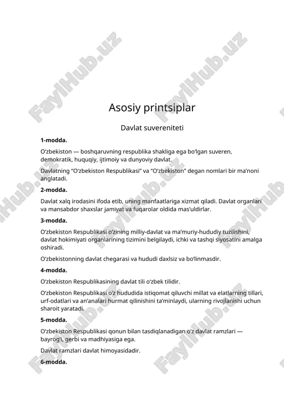 nomidan ish olib borishga haqli emas. 11-modda. o‘zbekiston respublikasi davlat hokimiyatining tizimi — hokimiyatning qonun chiqaruvchi, ijro etuvchi va sud hokimiyatiga bo‘linishi prinsipiga asoslanadi. 12-modda. o‘zbekiston respublikasida ijtimoiy hayot siyosiy institutlar, mafkuralar va fikrlarning xilma-xilligi asosida rivojlanadi. hech qaysi mafkura davlat mafkurasi sifatida o‘rnatilishi mumkin emas. 13-modda. o‘zbekiston respublikasida demokratiya umuminsoniy prinsiplarga asoslanadi, ularga ko‘ra inson, uning hayoti, erkinligi, sha’ni, qadr-qimmati va boshqa ajralmas huquqlari oliy qadriyat hisoblanadi. demokratik huquq va erkinliklar konstitutsiya va qonunlar bilan himoya qilinadi. 14-modda. davlat o‘z faoliyatini inson farovonligini va jamiyatning barqaror rivojlanishini ta’minlash maqsadida qonuniylik, ijtimoiy adolat va birdamlik prinsiplari asosida amalga oshiradi. konstitutsiya va qonunning ustunligi 15-modda. o‘zbekiston respublikasida o‘zbekiston respublikasi konstitutsiyasi va qonunlarining ustunligi so‘zsiz tan olinadi. o‘zbekiston respublikasi konstitutsiyasi mamlakatning butun hududida oliy yuridik kuchga ega, to‘g‘ridan to‘g‘ri amal qiladi va yagona huquqiy makonning asosini tashkil etadi. o‘zbekiston respublikasining xalqaro shartnomalari xalqaro huquqning umume’tirof etilgan prinsip va normalari bilan bir qatorda …