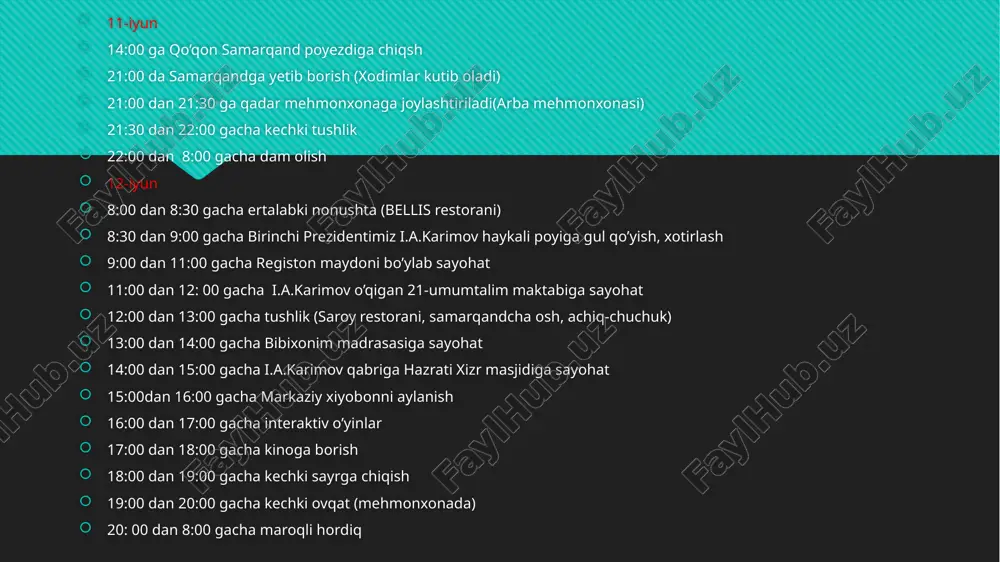 liklari 2 ta, diqqatga sazovor joylar 1 ta. qashqadaryo viloyati rekreatsion jihatdan shifobaxsh buloqlari, dam olish maskanlari, sanatoriyalar, sohil hududlari mavjud. dam olish maskanlari viloyat hududdagi dam olish maskanlari togʻ oldi va togʻli hududlarda joylashgan. jumladan, miroqi shaharchasi, kitob milliy tabiat qoʻriqxonasi, hisor davlat qoʻriqxonasi, koʻl, varganza, xazora, gʻilon qishloqlarida salomatlikni tiklash uchun qulay iqlimiy sharoitlar mavjud. qashqadaryo viloyati qamashi tumanida langar ota qishlogʻida joylashgan masjid xarajatlar 1 kishiga: poyezd 255 x 2 = 510 mehmonxona 3 kecha: 245 x 3 = 735 tushlik 3 mahal : 80 x 3 = 180 jami: 3 kun 540 majmualarga kirish jami: 100000 avtobus turistik: 120000 2 05000 x 10 = 2050000 umumiy : 2050000 e’tiboringiz uchun raxmat image2.png image3.jpeg image4.jpeg image5.jpeg /docprops/thumbnail.jpeg