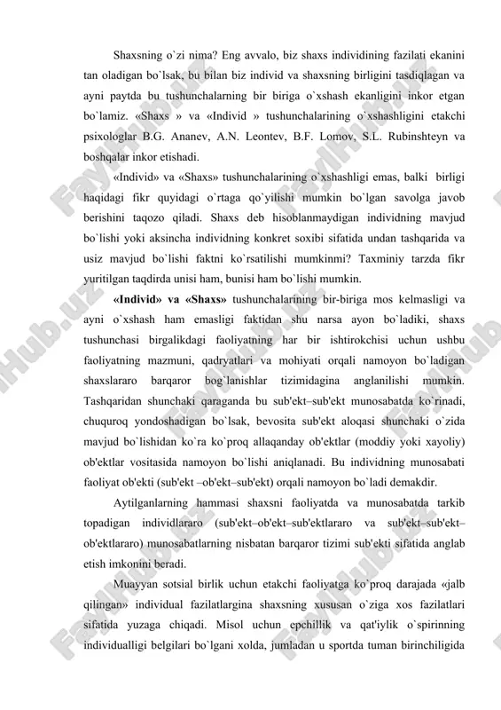 » individual fazilatlargina shaxsning xususan o`ziga xos fazilatlari sifatida yuzaga chiqadi. misol uchun epchillik va qat'iylik o`spirinning individualligi belgilari bo`lgani xolda, jumladan u sportda tuman birinchiligida da'vogar komandaga qo`shilmaguncha yoki uzoq joylarga turistik sayohat paytida u tezoqar va muzdek daryodan kechib o`tishni ta'minlash vazifasini o`z zimmasiga olmagunga qadar uning shaxsini ta'riflaydigan belgi sifatida yuzaga chiqmay keldi. aynan shu sababli ham pedagog uchun ahamiyatli bo`lgan o`quvchiga individual yondashishini amalga oshirish vazifasini amalga oshirib ko`rsatish kerak. bu esa o`quvchining differentsial-psixologik xususiyatlari (xotirasi, diqqati, temperamenti, u yoki bu kobiliyatlarining rivojlanganligi va x.k.) ni hisobga olishni, ya'ni o`quvchining o`z tengdoshlaridan nimasi bilan farq qilishi va shu munosabati bilan tarbiyaviy ishni qanday tashkil etish kerakligini aniqlashni taqozo qiladi. shaxsning tafakkur, xotira, iroda singari perseptiv xususiyatlaridan tashqari uning jamoadagi o`rni, jamoaning unga munosabati, bahosi singarilar ko`proq shaxs sifatlar deb yuritiladi. bu sifatlar har doim pedagogning diqqat markazida turmog`i kerak. bu singari takrorlanmas sifatlar shaxsning individualligini belgilaydi. …