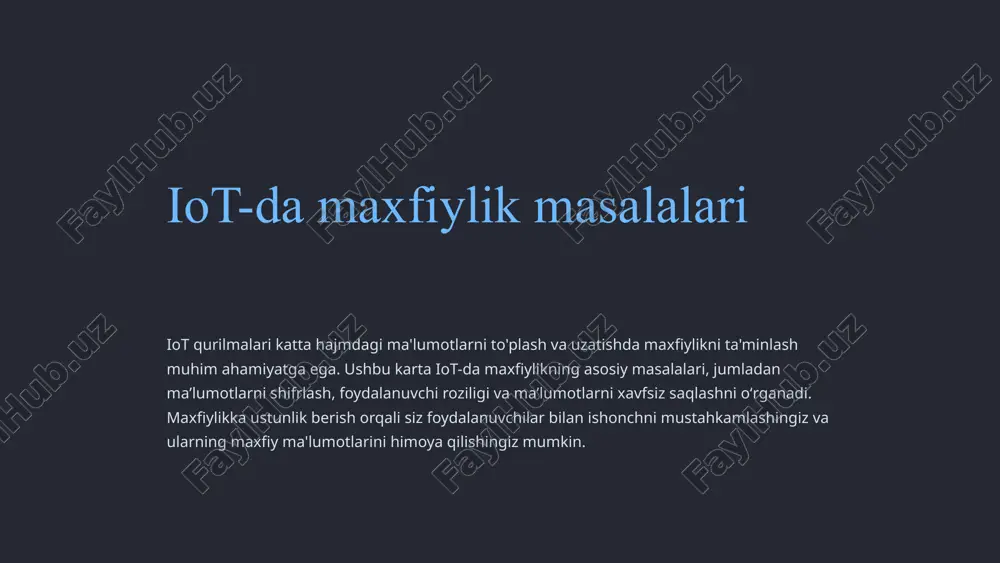 rslar cheklangan iot qurilmalari uchun mo'ljallangan engil blokli shifr. klefia clefia - bu iot ilovalari uchun xavfsizlik va samaradorlikning yaxshi muvozanatini taklif qiluvchi yana bir engil simmetrik kalit algoritmi. simon simon - bu apparatni amalga oshirish uchun optimallashtirilgan engil blokli shifrlar oilasi bo'lib, u kam quvvatli iot qurilmalari uchun mos keladi. xulosa va kelajak tendentsiyalari kriptografik algoritmlar iot tizimlarini himoya qilish, ma'lumotlar va aloqani potentsial tahdidlardan himoya qilish uchun zarurdir. iot texnologiyasi rivojlanishda davom etar ekan, xavfsiz va samarali kriptografik yechimlarga bo‘lgan ehtiyoj ortib boradi. ushbu sohadagi so'nggi ishlanmalardan xabardor bo'lish iot-ni joylashtirishning uzoq muddatli muvaffaqiyati va xavfsizligini ta'minlash uchun juda muhim bo'ladi. iot ma'lumotlarini uzatishni ta'minlash iot-da ma'lumotlarning uzatilishini ta'minlash ruxsatsiz kirishning oldini olish va ma'lumotlar yaxlitligini ta'minlash uchun juda muhimdir. ushbu karta turli xil shifrlash protokollari va uzatish paytida iot ma'lumotlarini himoya qilish uchun ishlatiladigan xavfsiz aloqa usullarini o'rganadi, bu nozik ma'lumotlarni himoya qilishga va iot qurilmalarining maxfiyligini …