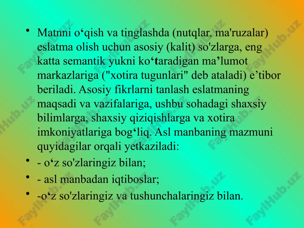 lanish, konspekt uchun asos bo'lishi mumkin elektron konspekt, elektron darslik yoki elektron o‘quv qo‘llanma o‘quv elektron nashri turi sifatida. asosiy adabiyotlar: korotkina i. b.akademicheskoe pismo: protsess, produkt i praktika uchebnoe posobie dlya vuzov. moskva: yurayt, 2021. m. aminov, a. madvaliev, n.maxkamov, n mahmudov. ish yuritish (amaliy qo'llanma). toshkent, 2017 y. i.shamsimuhammedov. diplomatik terminlar izohli lug‘ati.t.: ”donishmand ziyosi”,2021. r.s. samarov. harbiy atamalarning yangi izohli lug‘ati. t.”innovatsiya – ziyo”, 2020. a.madvaliyev, n.mahkamov, sh.ko‘chimov,z.miraxmedova va b. “shaffof” 2020. internet manbaalari: http://solver.uz/translate.php - russko-uzbekskiy perevodchik. http://sahifa.tj/uzbeksko_russkij.aspx - uzbeksko-russkiy perevodchik. http://library.ziyonet.uz/ - ta’lim portali. /docprops/thumbnail.jpeg