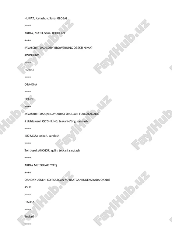 larning rangini o'zgartirishga body tag qanday qo'shimcha qaydi? #alink ==== rang ==== vlink ==== bosing ++++ html-dagi qanday taglar ma'lumotning turidir? # , , , ==== , , , ==== , , , ==== , , , ++++ jadvallarni tasvirlash uchun qanday yorliqdan foydalaniladi? # ==== ==== ==== ++++ shrift o'lchamini htmlda qisqartirish uchun qanday yorliqdan foydalaniladi? # ==== ==== ==== ++++ men yaratadigan massivning qaysi ob'ekti yordami bilan tarjimon bot, [25.06.21 10:34] �sa qanday javascriptda o'rnatilgan sinif obektlar? #array ==== sana ==== number ==== boolean ++++ derazaning o'lchamini, ramkaning oynasining mavqeini, derazaning nomini, derazaning holati panjaralarini tavsiflovchi xususiyatlar qaysi ob'ektga tegishli? #window ==== hujjat ==== ota-ona ==== manzil ++++ javaskrip ssenariysida hojjatning hozirgi holati haqida ma'lumot olish mumkin obyektning usullari va xususiyatlaridan foydalanish # browser-ga yukladingizmi? ==== hujjat ==== window ==== ota-ona ++++ javascriptda qaysi raqamlar haqiqiy raqamlar bo'lishi mumkin? # 0.0, -2.9, 0.7e1, 14.7e-2, 1e + 308 ==== …