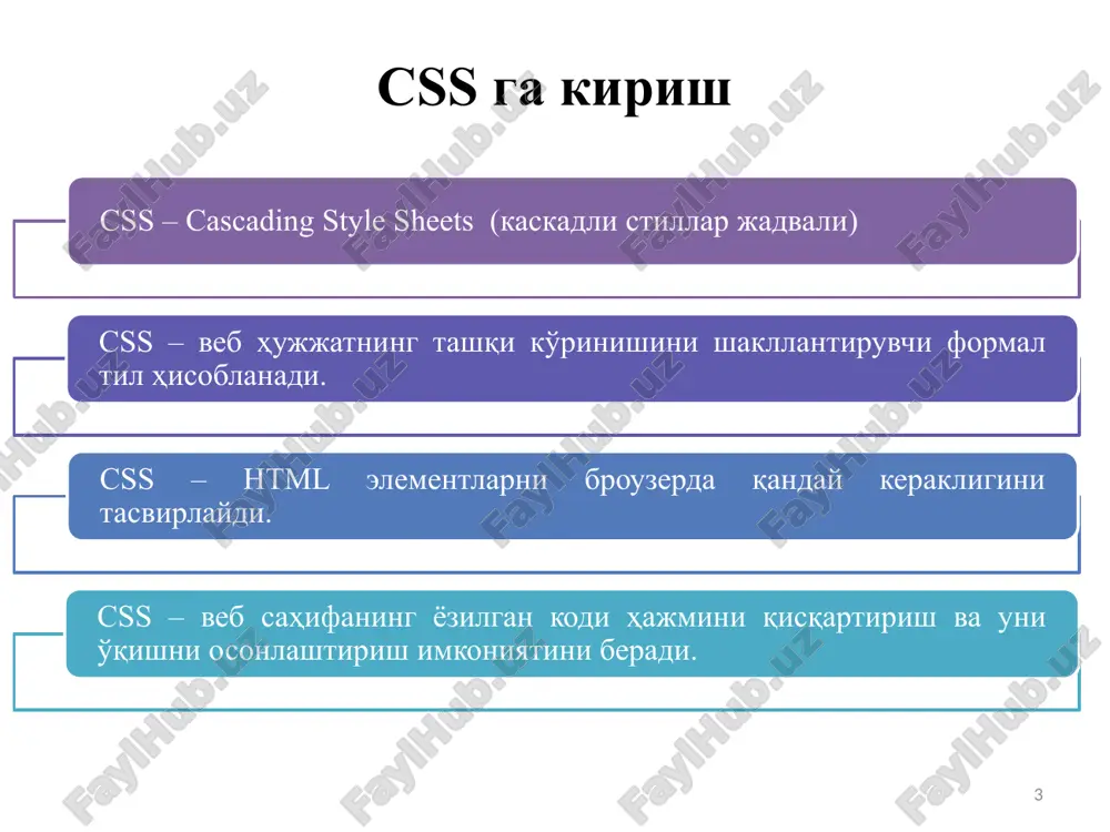 ilangan qismlariga stil berishda foydalaniladi: element kontentining birinchi harfi, birinchi qatoriga stil berish; html element kontentidan oldin yoki keyin boshqa kontent qo'shish. selector::pseudo-element { property:value; } 19 psevdo-elementlar selektori selektor turi misol izoh ::after p::after har bir tegidagi kontentdan keyin biror yangi kontent qo'shish ::before p::before har bir tegidagi kontentdan oldin biror yangi kontent qo'shish ::first-letter p::first-letter har bir tegidagi birinchi harfni tanlash ::first-line p::first-line har bir tegidagi birinchi qatorni tanlash ::selection p::selection foydalanuvchi tomonidan belgilangan kontent qismni tanlash 20 psevdo-elementlar selektori ::after psevdo-elementi: ::after { css qoidalar; } p::after { content: " - remember this"; background-color: yellow; color: red; font-weight: bold; } my name is farrux i live in navoiy 21 psevdo-elementlar selektori ::before psevdo-elementi: ::before { css qoidalar; } p::before { content: "read this -"; background-color: yellow; color: red; font-weight: bold; } my name is farrux i live in navoiy 22 psevdo-elementlar selektori ::first-letter psevdo-elementi: ::first-letter { css …