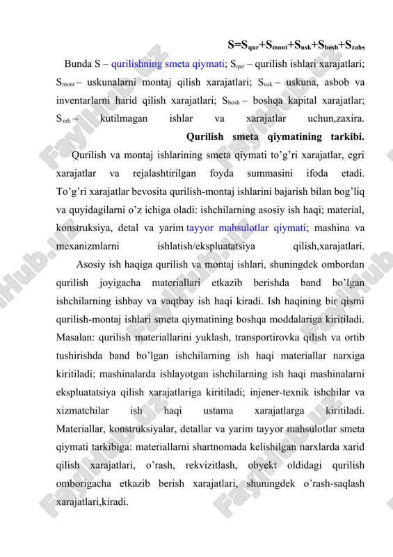 h materiallari qiymati, almashtiriladigan moslamalar va boshqalarkiradi. qurilish ishlab chiqarishini tashkil etish, boshqarish va unga xizmat ko’rsatishga mo’ljallangan ustama sarf-xarajatlardan farqli o’laroq, bevosita qurilish-montaj ishlarini bajarish bilan bog’liq emas va qurilish ishlab chiqarishni normal faoliyat ko’rsatishi uchun zarur bo’lgan sharoitlarni yaratishga ketgan xarajatlarni ifoda etadi. ustama sarflarga quyidagi xarajat moddalari kiradi: - ma’muriy-xo’jalik xarajatlari (ma’muriy-xo’jalik xodimlari ish haqi; ijtimoiy ehtiyojlarga ajratmalar; kompyuterlar, bino va inshootlar, xizmat engil mashinasini tutib turish va ekspluatatsiya qilish; ma’muriy-xo’jalik xodimlari foydalanadigan asosiy fondlarni ta’mirlash; ma’muriy xodimlarga xizmat ko’rsatishda foydalaniladigan asosiy fondlar bo’yicha amortizatsiya ajratmalari (ijara haqi); maslahatlar, axborotlar va auditorlik xizmatlari uchun haq to’lash; pochta-telegraf, kanselyariya, bosmaxona va boshqa ma’muriy-xo’jalik xarajatlari; - qurilish ishchilariga xizmat ko’rsatish xarajatlari (tayyorlov, qayta tayyorlov, ijtimoiy ehtiyojlarga ajratmalar, sanitar-gigiyenik va xo’jalik sharoitlari bilan ta’minlash, mehnat muhofazasi va texnika xavfsizligi); - qurilish maydonlarida ishlarni tashkil etish xarajatlari (arzon va tez https://genderi.org/1-mavzu-inklyuziv-talim-mazmuni-va-mohiyati-reja.html https://genderi.org/gaz-asosiy-kompressor-stantsiyasiga-etkazib-berish-uchun-yigil.html eskiruvchi asbob-uskuna va inventarlarni eskirishi va ularni ta’mirlash; kashfiyot …