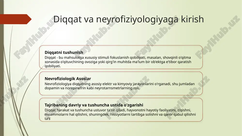 imuluslarni ishlab chiqishni kuchaytiradi. nevro sinxronizatsiyaning tanlangan diqqatga ta'siri nevro sinxronizatsiya gamma chastotasi oraliqida tanlangan diqqat vazifalarida ishtirok etadigan turli beyin mintaqalarining koordinatsiyasini yengillashadi. diqqatga oid neyron yo'llari 1 2 3 dorsal diqqat tarmoqi ventral diqqat tarmoqi sukut rejim tarmog'i dorsal diqqat tarmogi intraparietal yorug'lik va old yon ko'z maydonchalari, maqsadga muvofiq vazifalarda diqqatni yuqori darajada nazorat qilishda ishtirok qiladi. ventral diqqat tarmoq, vaqtincha parietal junctsiya va ventral frontal korteks tarkibiga ega, muhim tajribalar diqqatini muhitda e'tibor qaratiladigan stimuluslarga qayta yo'naltirish uchun mas'ul. odatiy rejim tarmog'i, medial prefrontal korteks va posterior cingulate korteksni o'z ichiga olgan holda, diqqat tashqi stimuluslarga qaratilgan bo'lsa, deaktivlashadi. diqqat va ish xotirasi 1 2 3 diqqatning o'z vazifalari xotira ishlab chiqarish qobiliyati faktorlar diqqat va ish ishlab chiqish xotirasi ustida ta'sir ko'rsatadi. diqqat - bu ma'lumotlarga e'tibor qaratish va fikrni qayta qayta qilish imkoniyatidir, masalan, o'qituvchini eshitib qolgan paytda orqadagi shrutni e'tiborsiz qoldirish. ishlab chiqarish …