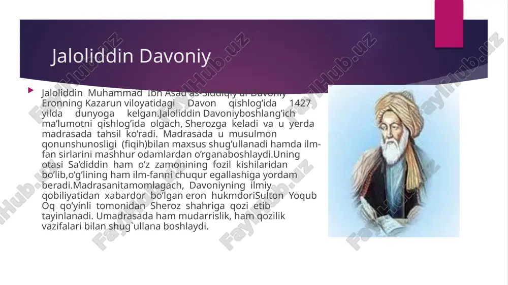 ), «tariqati tarbiyat ul-avlod» (bolalarni tarbiyalash usuli), «arznoma» (armiyani boshqarish qoidalari) kabilar shular jumlasidandir. axloqi jaloliy»da ham inson kamoloti uchun eng zarur bo’lgan axloqiy fazilatlar yo’llari va usullari bayon etiladi. «axloqi jaloliy» uch qismdan iborat. birinchi qism — axloqfaniga, ikkinchi qism — «odamning ichki holati» oilaviy hayotiga, uchinchi qism — «shahar (davlat)ni boshqarish va podshohlar siyosati», deb atalib, unda muhim ijtimoiy-siyosiy masalalar ko’tariladi. chunonchi, jamiyatning paydo bo’lishi, davlat va uni boshqarish masalalari, xalqning farovon hayot kechirishida podsholarning o’rni, ilm-fan taraqqiyotining jamiyatda tutgan o’rni bayon etiladi.  asarlari  biz, asosan davoniyning insonning haqiqiy kamolotga etishida aqliy va axloqiy shakllanishi masalalariga to’xtalamiz. avvalo, davoniy va boshqa mutafakkirlarga ergashib o’zining axloqiy qarashlarini o’z salaflari kabi talqin etdi. masalan, abu nasr forobiy, ibn miskaveyx, nasriddin tusiy, ibn sinolar kabi inson kamolotga erishishda adolat, donolik, shijoat singari yuksak fazilatlarga ega bo’lishi, hissiy bilim bilan bir qatorda narsa va hodisalarning mohiyatini idrok qilishni to’g’ri talqin …