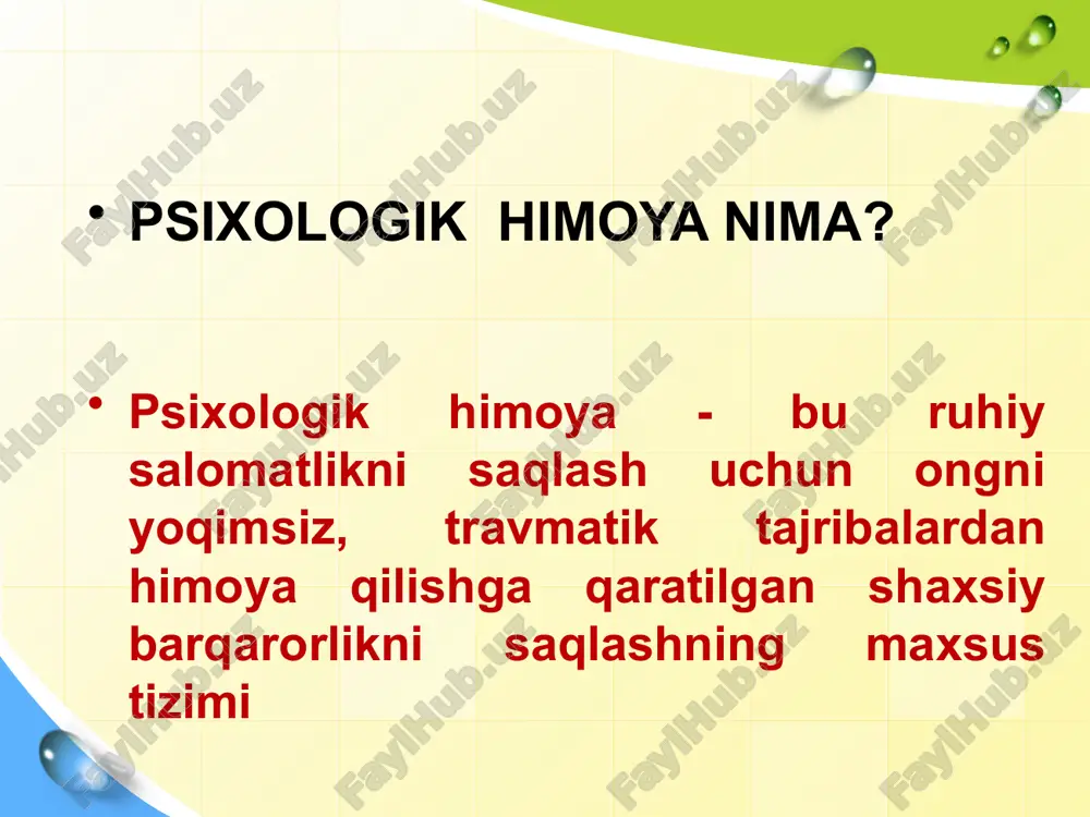 a mexanizmlari tanani psixotravmatik buzilishlardan, vaziyatlardan, salbiy axborotlardan asraydi va kritik vaziyatlardagi barqarorligini oshiradi. yana shuni qayd qilish kerakki, psixologik himoya mexanizmlari ba’zida og‘ir oqibatlarga, shaxs shakllanishi hamda ijtimoiy moslashuvning buzilishiga olib kelishi mumkin. e'tiboringiz uchun rahmat! l/o/g/o image1.png image3.gif image4.jpeg image5.jpeg image6.jpeg image7.jpeg image8.jpeg image9.jpeg image10.jpeg image11.jpeg image12.jpeg image13.jpeg image14.png image15.jpeg image16.jpeg image2.png