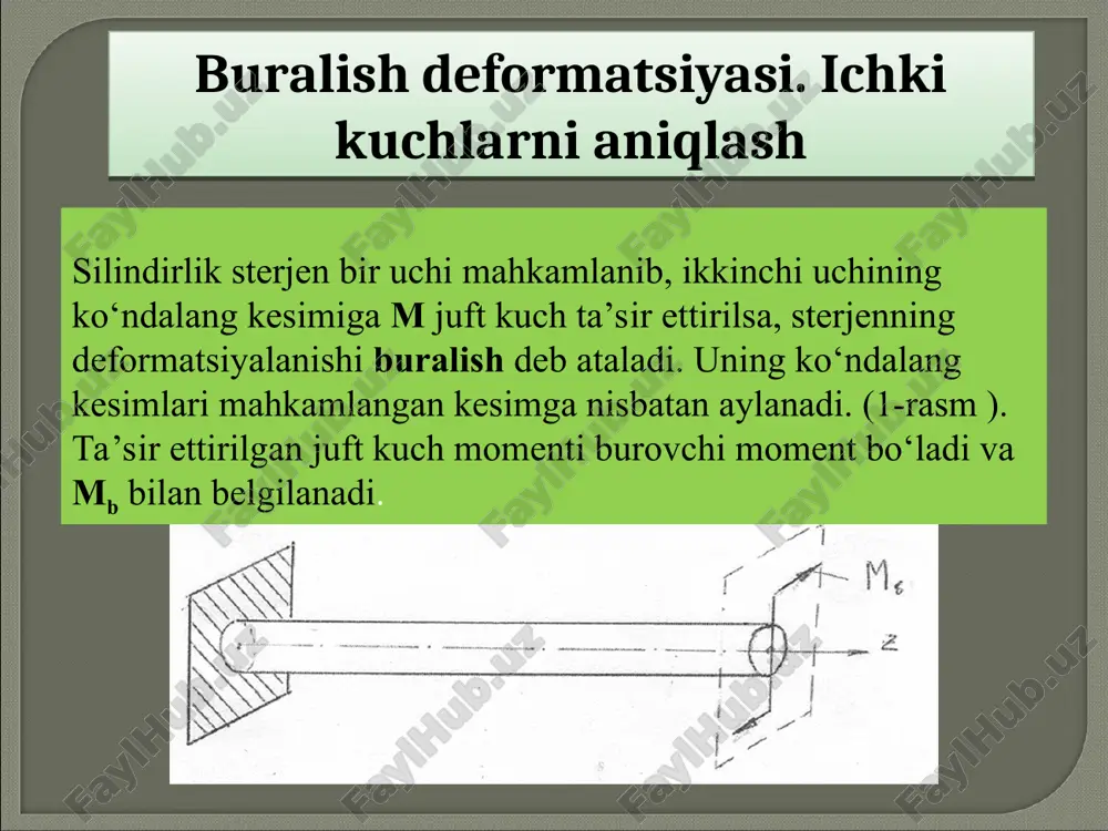 hi yoki kilovat o‘lchovlaridaberiladi. u holda – ot kuchi o‘lchovida; bu erda n – ot kuchi , n – valning 1 minutdagi aylanish tezligi yoki - kilovatt o‘lchovida; bu erda k – quvvatning kilovatt qiymati. qayta ko‘rish valning buralishdagi deformatsiyasi joriy ko‘ndalang kesimning biror sharli ko‘zg‘almas kesimga nisbatan buralish burchagi  bilan o‘lchanadi va (5) formula bilan aniqlanadi. (c) kesim (a) tayanchdan uzoklashgan sari  chiziqli qonuniyat bilan ortib boradi. (b) kesimning (a) tayanch kesimiga nisbatan buralish burchagi (c) kesim (a) tayanchdan uzoklashgan sari  chiziqli qonuniyat bilan ortib boradi. (b) kesimning (a) tayanch kesimiga nisbatan buralish burchagi formula bilan aniqlanadi. (2-rasm b) da buralish burchagi  ning epyurasi tasvirlangan. val mustahkam bo‘lishi bilan bir qatorda bikr ham bo‘lishi zarur, aks holda val prujinalash hususiyatiga ega bo‘lib qoldi. valning bikirlik sharti. formula bilan aniqlanadi. (2-rasm b) da buralish burchagi  ning epyurasi tasvirlangan. val mustahkam bo‘lishi bilan bir qatorda bikr …