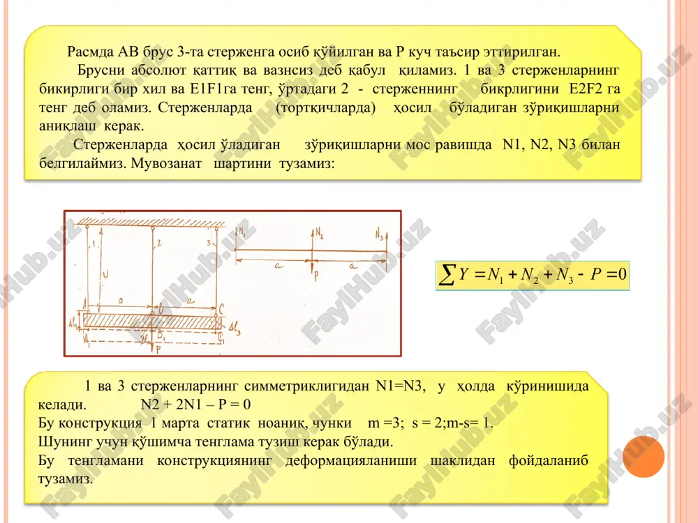 uyidagicha tuziladi: ya'ni hamma kuchlarning birgalikdagi ta'siridagi ko'chish har bir kuchning alohida ta'siridagi ko'chishlarning algebraik yig'indisiga teng bo'ladi. 3.2-rasm reaktsiya kuchlari aniqlanganidan so'ng bu sterjen statik aniq sterjenga aylanib qoldi, endi kesish usulidan foydalanib, ichki kuch va kuchlanishlarni yuqorida ko'rilgan misollardagi kabi topish mumkin. olingan bu munosabat (3.1) ga qo'yilsa, kelib chiqadi. reaktsiya kuchlarining qiymati musbat chiqdi, bu tanlangan reaktsiya kuchlarining yo'nalishlari asliga muvofiqligini ko'rsatadi. slide 1 slide 2 slide 3 slide 4 slide 5 slide 6 slide 7 slide 8 slide 9
