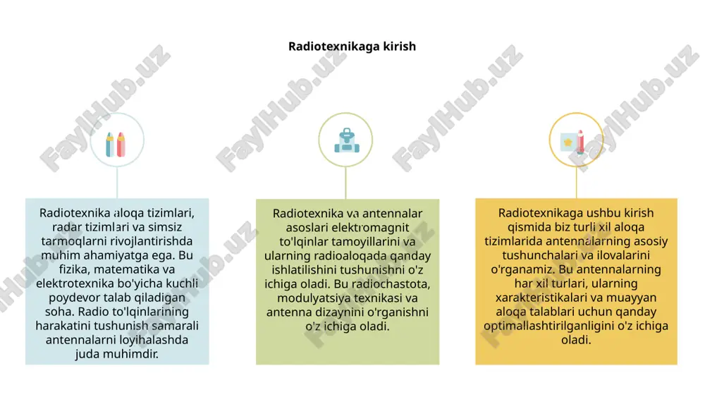 rini samarali uzatuvchi va qabul qiluvchi tizimlarni loyihalash uchun zarurdir. bu antenna nazariyasi va dizayn tamoyillarini o'z ichiga olgan rf sxemalarini loyihalash asoslarini tushunishni talab qiladi. antennani o'lchash texnikasi 1 2 3 radiotexnika va antennalar asoslari antennani loyihalash, tarqatish va o'lchash texnikasining asosiy tamoyillarini qamrab oladi. ushbu tushunchalarni tushunish telekommunikatsiya sohasi bilan shug'ullanadigan har bir kishi uchun juda muhimdir. antennani o'lchash texnikasi belgilangan mezonlarga javob berishini ta'minlash uchun antennalarning ishlashini sinab ko'rish va baholashni o'z ichiga oladi. ushbu jarayon radiatsiya naqshlari, daromad, empedans va antennaning samaradorligini belgilaydigan boshqa asosiy parametrlarni o'lchashni o'z ichiga oladi. ushbu usullarni o'zlashtirish antenna ishlashini optimallashtirish va ishonchli simsiz aloqa tizimlarini ta'minlash uchun juda muhimdir. muhandislar va texnik xodimlar samarali va samarali simsiz tarmoqlarni loyihalash va joylashtirish uchun antennani o'lchash usullarini to'liq tushunishlari kerak. radiochastota spektrini boshqarish 1 2 3 2 radiotexnika va antennalar simsiz aloqa tizimlarining asosidir. ular radio signallarini uzatish va qabul qilishda hal …