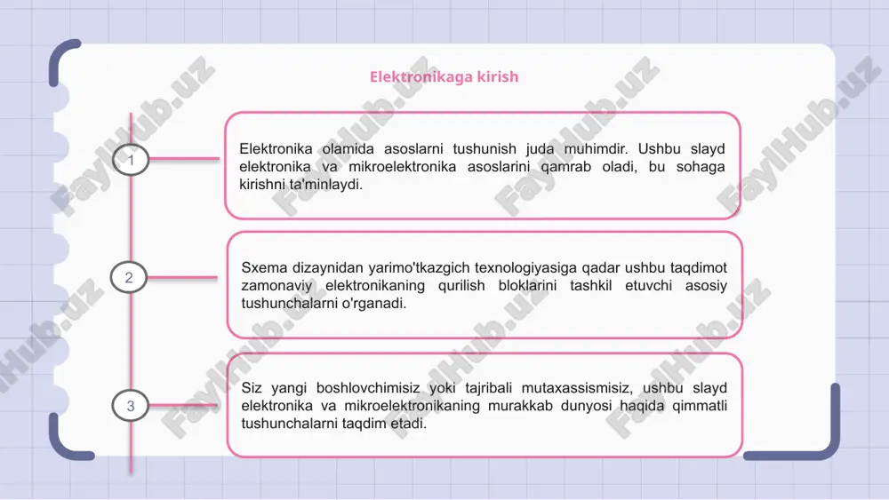 larini tushunish juda muhimdir. mikroelektronikaning ushbu kirish qismida biz elektron sxemalar, yarimo'tkazgich materiallari va ulardan ixcham va samarali elektron tizimlarni yaratish uchun qanday ishlatilishini o'rganamiz. elektronika va mikroelektronika asoslarini o'zlashtirib, zamonaviy texnologiyamizni quvvatlaydigan integral mikrosxemalar, sensorlar va boshqa miniatyura elektron qurilmalar dunyosiga kirib borish mumkin. integratsiyalashgan sxemalar va chiplarni loyihalash integratsiyalashgan sxemalar va chip dizayni elektronika va mikroelektronikada asosiy tushunchalardir. integratsiyalashgan sxemalar - bu bitta chipda minglab yoki millionlab tranzistorlarni o'z ichiga olgan kichik elektron komponentlar. chip dizayni ishlashni yaxshilash va hajmi va quvvat sarfini kamaytirish uchun sxema sxemalarini yaratish va optimallashtirishni o'z ichiga oladi. e'tiboringiz uchun rahmat