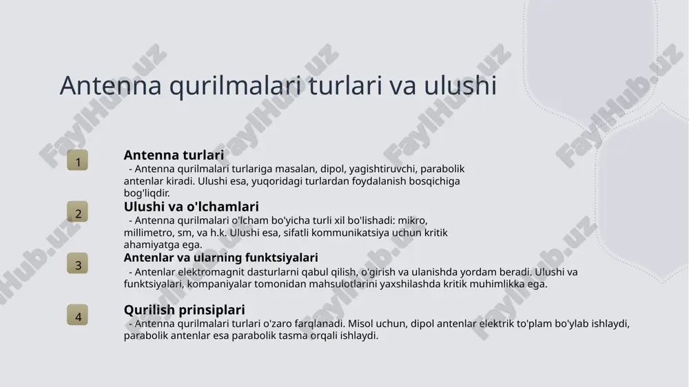 imlari orasidagi bog'liqlikning bir qismi xavfsizlik va maxfiylik masalalari bo'yicha amaliyotlarga e'tibor qaratadi. 3 teknologik rivojlanishga ta'sir antenlar va kommunikatsiya tizimlari orasidagi bog'liqlik, so'nggi texnologik rivojlanishlar va 5g kommunikatsiya tizimlarining o'zaro bog'liqini ta'kidlaydi. 4 kommunikatsiya tarmoqlari muammosi bog'liqlik, kommunikatsiya tarmoqlari orasidagi muammo va ularning hal etilish usullari haqida tushuncha beradi. anten qurilmalarining 5g kommunikatsiya tizimlariga ta'siri 5g kommunikatsiya tizimlari uchun anten qurilmalari yuqori tezlik va ma'lumotlar almashishida katta ahamiyatga ega. 5g antenlari bilan, tezlik va uzluksizlikni ta'minlash, uzluksiz ma'lumot almashish va internetning yuqori tezligi ta'minlanadi. photo by julian on unsplash antenlar va uy-televideniya kommunikatsiya tizimlari 1 uy antenlari uy antenlari elektr energiyasini o'rtachaga aylantirishda ishlatiladi va televizorlar, radio apparatlari va uy-televideniya tizimlariga aloqada bo'lish uchun muhimdir. 2 kommunikatsiya tizimlari uy-televideniya kommunikatsiya tizimlari televizor va uy-televideniya o'zaro aloqasi uchun muhimdir va tezlik va sifatni ta'minlashda katta rol o'ynaydi. 3 antenlarning o'zgarishi antenlar 5g kommunikatsiya tizimlariga o'tishda muhimdir, ular sifat va tezlikni …