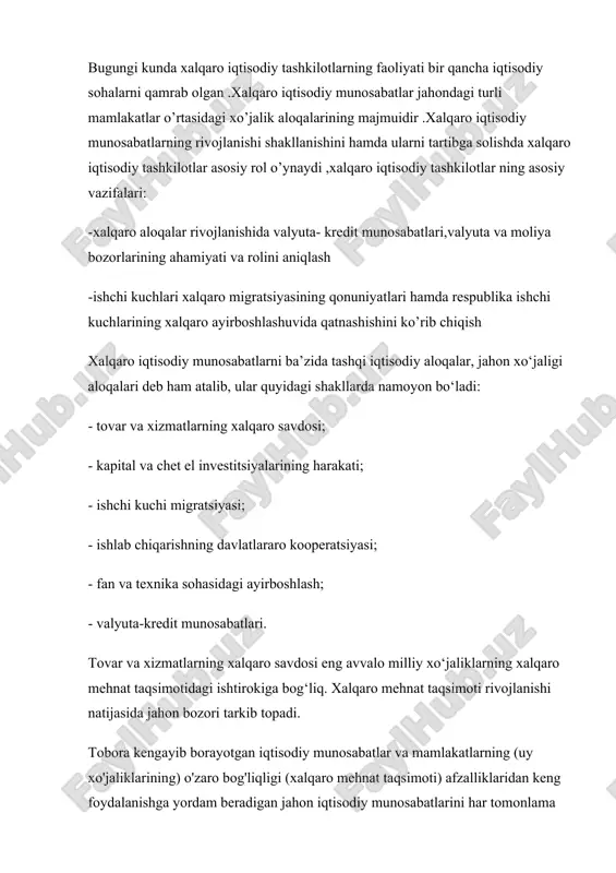 matlararo tashkilotlar ahamiyati oshib bormoqda va ularning soni o'sib bormoqda va ular butun qit'alarni qamrab olmoqda. mintaqaviy tashkilotlar tarkibiga nafaqat iqtisodiyot, balki ijtimoiy rivojlanish, siyosiy manfaatlar, mafkura, xavfsizlik va madaniyat masalalari kiradi. nodavlat tashkilotlari jahon iqtisodiy munosabatlarini tartibga solishda va ularning rivojlanishida muhim rol o'ynaydi. bular asosan biznes birlashmalari: -xalqaro savdo palatasi; -eksport qiluvchilar va tovar ishlab chiqaruvchilar uyushmasi; -nodavlat tashkilotlari tomonidan tashkil etilgan rivojlanish fondlari; iqtisodiy siyosatni muvofiqlashtirish uchun turli mamlakatlarning ishbilarmonlari tomonidan o'tkaziladigan konferentsiyalar va davra suhbatlari; xalqaro biznes qoidalarini ishlab chiqish xalqaro iqtisodiy hamkorlik — xalqaro iqtisodiy munosabatlarning muhim koʻrinishlaridan biri. jahon xo’jaligining rivojlanib, globallashuv jarayonining chuqurlashib borishi bilan xalqaro iqtisodiy hamkorlikning milliy iqtisodiyot taraqqiyotidagi ahamiyati ortib boradi. uning asosiy subʼyektlari — davlatlar, transmilliy kompaniyalar, mintaqaviy va xalqaro iqtisodiy tashkilotlar hisoblanadi. 20-asrning 80-yillaridan eʼtiboran, xalqaro iqtisodiy hamkorlik doirasi kengayib, iqtisodiy munosabatlarni keng koʻlamda qamrab oldi, tashqi va xalqaro savdo, kredit munosabatlari, valyuta va toʻlov — hisob kitob …