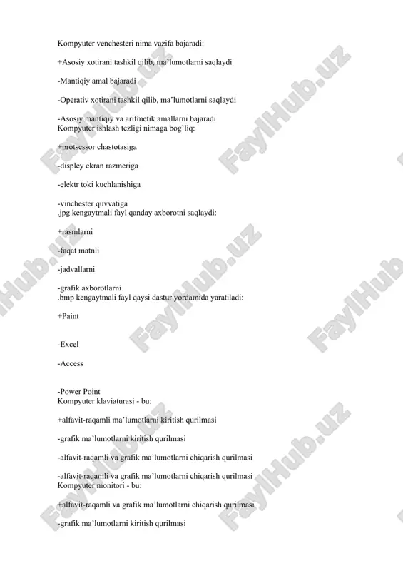 lash va x.k. -uchirilgan fayllarni vaqtincha saqlash -foydalanuvchining ishchi materiallari, ya’ni fayllari va papkalarini saqlash modem qaysi texnologiyaga kerakli texnik qurilma: +telekommunikatsiya texnologiyasi -ma’lumotlar bazasi texnologiyasi -ofis texnologiyasi -programmalash texnologiyasi cd-r va cd-rw disk yurituvchilarining farqi nimada : +cd-r disk yurituvchisi ma’lumotlarni o’qishga, cd-rw esa ma’lumotlarni o’qish va yozishga mo’ljallangan -cd-r disk yurituvchisi ma’lumotlarni o’qish va yozishga, cd-rw esa ma’lumotlarni o’qishga mo’ljallangan -ikkalasi xam faqat ma’lumotlarni o’qishga mo’ljallangan -ikkalasi xam faqat ma’lumotlarni yozishga mo’ljallangan skaner - bu: +grafik ma’lumotlarni kiritish qurilmasi -alfavit-raqamli va grafik ma’lumotlarni chiqarish qurilmasi -qog’oz chiqaradigan qurilmalarga grafik ma’lumotlarini chikqarish -grafik ma’lumotlarni chiqarish qurilmasi quyidagi qurilmalarning qaysi biri yordamida internetga ulanish mumkin: +modem -printer -skaner -plata operatsion tizim – bu: +kompyuterning barcha qurilmalarini o’zaro ishlashini va ularni ishlatishga foydalanuvchilarga ruxsat beruvchi dasturlar to’plami -xujjatlar bilan amallar bajaruvchi dasturlar to’plami -ma’lumotlarni defragmentlash dasturi -kompyuter asosiy qurilmalarining yig’indisi kompyuter qurilmalariga xizmat ko’rsatuvchi darsturlar qanday nomlanadi: +drayver translyator kompilyator arxivator …