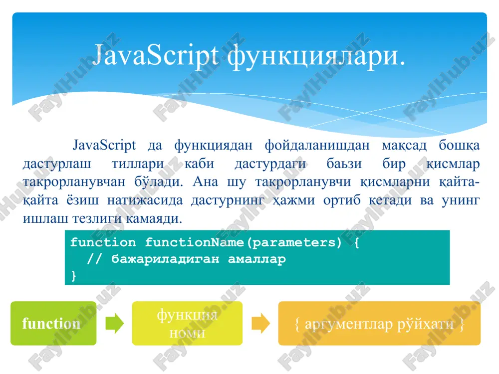 radi find() sinovdan o'tgan massivdagi birinchi element qiymatini qaytaradi foreach() har bir qator elementi uchun funktsiyani chaqiradi from() ob'ektdan qator yaratadi javascripda obektlar natija function myfunction() { var hege = ["men", "talabaman"]; var stale = ["tatu", "uchunchi", "kursda"]; var talaba = hege.concat(stale); document.getelementbyid("demo").innerhtml = talaba; } javascripda obektlar natija var fruits = ["banana", "orange", "apple", "mango"]; document.getelementbyid("demo").innerhtml = fruits; function myfunction() { document.getelementbyid("demo"). innerhtml = fruits.copywithin(2,0); } 1 2 doimiy ifodalar bu belgilarning tavsiflovchi ob'ektdir. doimiy ifodalar matnni moslashtirish, "qidirish va qaytarish" funktsiyalarini bajarish uchun ishlatiladi. javascript da doimiy ifodalar. javascripda obektlar natija function myfunction() { var str = "tashrif tuit"; var patt = /tuit/i; var result = str.match(patt); document.getelementbyid("demo").innerhtml = result; } kiritilgan so'zni bug'inlar sonini aniqlash var count = 0; function countvowels(name) { for (var i=0;i 1 2 function dis(val) { document.getelementbyid("result").value+=val } function solve() { let x = document.getelementbyid("result").value let y = eval(x) document.getelementbyid("result").value = y } …