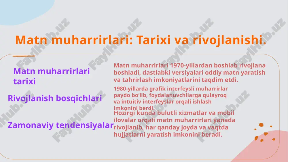 i formatlashda qo'llaniladigan usullar va texnikalar. matnni formatlashda turli usullar va texnikalar qo'llaniladi. bunga shrift, rang, o'lcham va joylashuv kabi elementlar kiradi. shuningdek, joylashtirish va qatorlar orasidagi bo'shliqlarni boshqarish muhimdir. ushbu metodlar hujjatning professional ko'rinishini ta'minlaydi va o'qish imkoniyatini oshiradi. photo by samuel regan-asante on unsplash matnli hujatlarni tahrirlashda muhim qoidalar va tavsiyalar. 1 1 tahrirlash jarayoni matnli hujatlarni tahrirlash jarayoni avvaldan tayyorlangan matnni diqqat bilan o'qish va zarur tuzatishlarni kiritishni talab qiladi. 2 tahrir qoidalari tahrir davomida matnni aniq va ravshan ifodalash, grammatik va leksik xatolarni aniqlash va tuzatish muhimdir. har bir jumla mantiqiy bog'lanishi kerak. 3 fikrlar va manbalar tahrir jarayonida muhim fikrlar va ishonchli manbalardan foydalanish, matnning asosiy g'oyalarini kuchaytirib, ishonchliligini oshiradi. har bir manba to'g'ri ko'rsatilishi lozim. professional va akademik hujatlarda formatlashning ahamiyati. 1 professional hujjatlar uchun formatlash professional hujjatlarda formatlash, ma'lumotlarni aniq va tushunarli ko'rsatishga yordam beradi, shuningdek, muhim ma'lumotlarni ajratishga xizmat qiladi. 2 akademik …