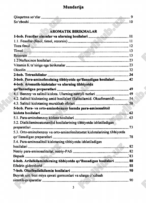 ............................................... 73 5.3. orto-aminobenzoy va orto-aminofenilatsetat kislotalarining tibbiyotda qo'llanadigan preparatlari...................................................................... 78 5.4. para-aminosalitsil kislotaning tibbiyotda ishlatiladigan hosilalari..............................................................................................82 natriy para-aminosalitsilat, natriy-pas....................................................82 bepask............................................................................................... .‘83 6-bob. arilalkilaminlarning tibbiyotda qo'llanadigan hosilalari............ 88 efedrin gidroxlorid................................................................................88 7-bob. oksifenilalkilamin hosilalari......................................................90 buyrak usti bezi miya qavati gormonlari va ularga o‘xshash sintetik-preparatlar................................................................................ 90 m u n d arija 3 8-bob. oksifenilaminoalifatik-kislotalarning tibbiyotda ishlatiladigan hosilalari......................................................................107 9-bob. nitrofenilalkilaminlar............................................................. 110 aromatik-qator antibiotiklar.................................................................110 levomitsetin stearat.................................... ....................................... 116 eruvchan levomitsetin suksinat.............................................................118 10-bob. arilalifatik-qator oddiy efiriar............................................... 120 dimedrol............................................................................................120 gidroksizin gidroxlorid........................................................................121 11-bob. arilalifatik kislota efiriari va ularning tibbiyotda qomlanadigan preparatlari...........................