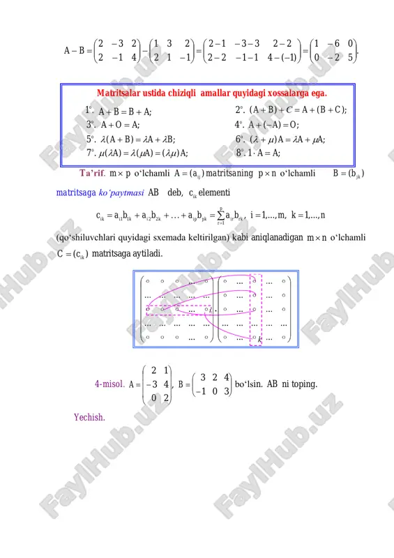  mashqlar 1.2.1.                   6 1 4 3 1 2 nm bo’lsa, m va n ni toping. 1.2.2. ba, matritsalar va nm, sonlar berilgan. nbma matritsani toping: 1) ;1,2, 21 13 , 02 14                nmba 2) ;3,2, 231 514 , 014 312                  nmba 3) ;3,4, 33 62 15 , 41 03 12                          nmba 4) .2,3, 2 2 6 14 31 54 , 5 2 2 41 03 12         …