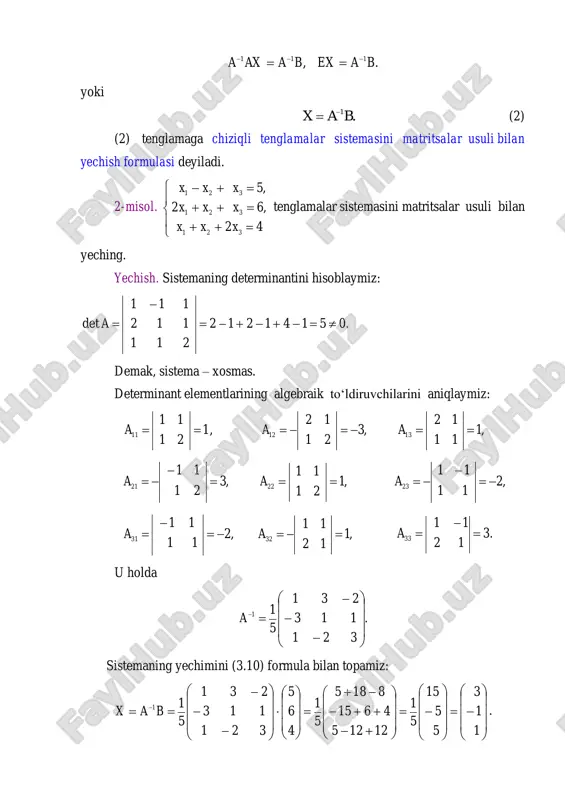 nday tenglamalar sistemasiga aytiladi? 2. aniq sistema deganda qanday sistema tushuniladi? 3. matritsalar usulida chtsni yechishni bayon qiling. 4. chiziqli tenglamalar sistemasi qachon yagona yechimga ega bo’ladi? 5. chiziqli tenglamalar sistemasini yechishning gauss usulini ayting.