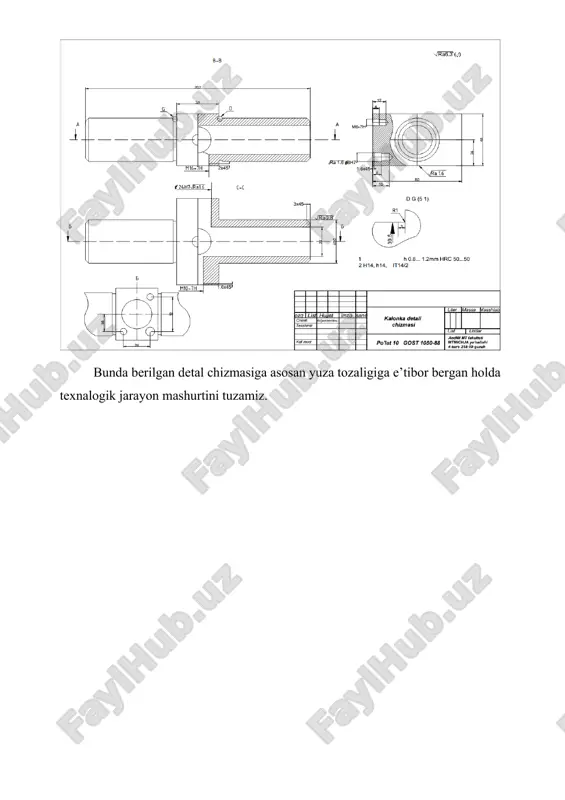 k ø27h14 mm l = 105 mm o’lchamda parmalansin. kesuvchi asbob va uning geometrik parametrlari: parma d = 27 mm, kesuvchi qism materiali, tezkesar po’lat p6m5. 1. kesish chuqurligini belgilaymiz. t=d/2=27 = 13.5 mm. 2. surish qiymatini aniqlaymiz. so=0.28-0.33 mm/ayl. ([3], 2.38-j, 62-b) dastgoh pasporti bo’yicha korektirovkalab so = 0.32 mm/ayl ni qabul qilamiz. 3. parmani turg’unlik davrini aniqlaymiz. t = 45 daqiqa qabul qilamiz. ([3],2.43-j, 66-b) 4. kesishda asosiy harakatni tezligini aniqlaymiz. v= c v⋅d q tm⋅s y ⋅k v m/daq formuladagi koeffitsentlar va daraja ko’rsatkichlarni yozib olamiz. c v=3 40 , x=0.15 , y=0. 4 5 , m=0.20 ([3], 2.19-j, 46-b) to’g’rilash koeffitsentini topamiz. kv =1.27 v = 340 ∙270.4 450.2 ∙0.320.7 ∙1.27 =34.4 m daq 5.shpindelni aylanishlar chastotasini hisoblaymiz. n= 1000 ∙v π ∙ d = 1000 ∙3.42 3.14 ∙27 = 40 ayl /min dastgoh pasporti bo’yicha aylanishlar chastotasini korektirovka qilib xaqiqiy aylanishlar chastotasi n = 71 …