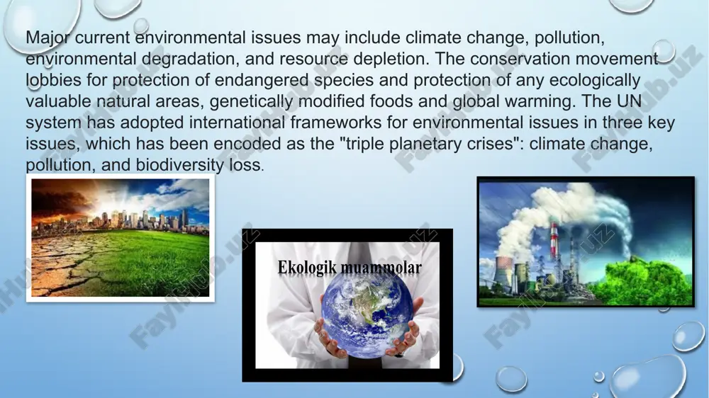 t pollution, rubbish pollution, and so on. environmental degradation is one of the ten threats officially cautioned by the high-level panel on threats, challenges and change of the united nations. the united nations international strategy for disaster reduction defines environmental degradation as "the reduction of the capacity of the environment to meet social and ecological objectives, and needs". environmental degradation comes in many types. when natural habitats are destroyed or natural resources are depleted, the environment is degraded. efforts to counteract this problem include environmental protection and environmental resources management. mismanagement that leads to degradation can also lead to environmental conflict where communities organize in opposition to the forces that mismanaged the environment. the environmental justice atlas documented 3,100 environmental conflicts worldwide as of april 2020 and emphasised that many more conflicts remained undocumented. parties involved in these conflicts include locally affected communities, states, companies and investors, and social or …