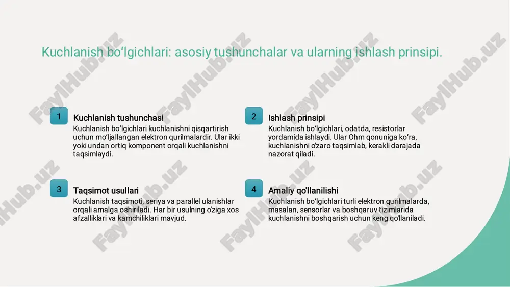 sh orqali kuchlanish darajasini pasaytirish mumkin. bu, o'z navbatida, qurilmaning xavfsiz va samarali ishlashini ta'minlaydi. kuchlanish taqsimoti va uning amaliy qo‘llanilishi: misollar va tajribalar. amaliy misollar kuchlanish taqsimoti elektron qurilmalarda keng qo'llaniladi, masalan, sensorlar va kuchlanish regulyatorlarida voltajni aniq boshqarish uchun. tajribalar o'quv jarayonida kuchlanish boʻlgichlarining ishlashini ko'rsatish uchun laboratoriyalarda oddiy resistorlar va voltmetrlar bilan tajribalar o'tkaziladi. texnologik qo'llanilish zamonaviy texnologiyada kuchlanish taqsimoti avtomatlashtirish tizimlarida va energiya boshqaruvida muhim rol o'ynaydi, samaradorlikni oshiradi. kuchlanish taqsimoti: muhandislikdagi innovatsiyalar va kelajak istiqbollari. innovatsion texnologiyalar energiya samaradorligi kelajak istiqbollari kuchlanish taqsimoti sohasida innovatsion texnologiyalar, masalan, raqamli resistorlar va avtomatlashtirilgan kuchlanish nazorati tizimlari rivojlanmoqda. kuchlanish taqsimoti yordamida energiya samaradorligini oshirish, elektr energiyasini boshqarish va tejash imkoniyatlarini yaratadi, bu muhandislikda muhim ahamiyatga ega. kelajakda kuchlanish taqsimoti metodlari, yangimateriallar va nanoelektronika asosida yanada samarali va moslashuvchan tizimlar yaratishga olib kelishi kutilmoqda. kuchlanish boʻlgichlarining tuzilishi va asosiy komponentlari. kuchlanish boʻlgichlari oddiy elektr zanjirlarida kuchlanishni pasaytirish uchun ishlatiladi. …
