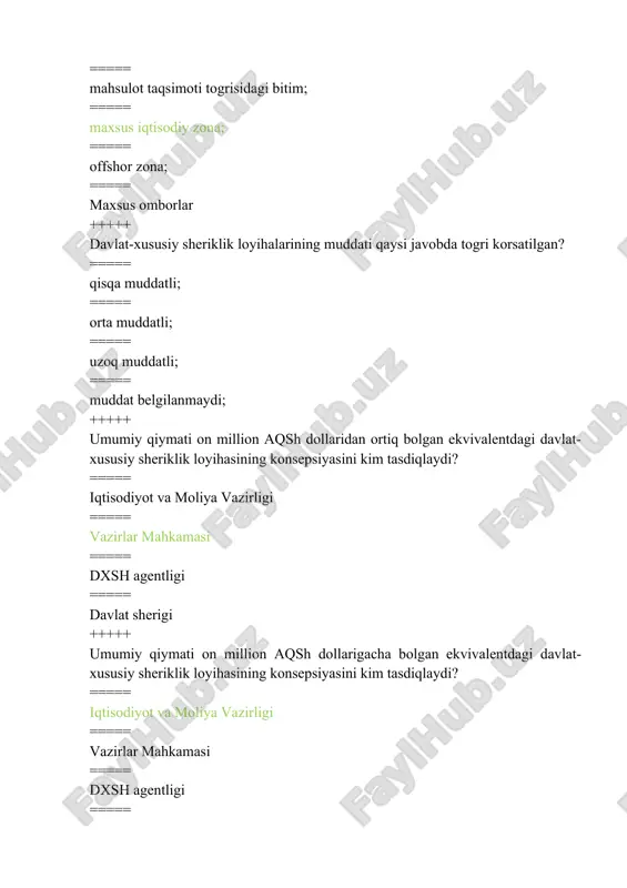 davlat-xususiy sheriklik sohasidagi vakolatlari qaysi javobda to�g�ri keltirilgan? ===== davlat-xususiy sheriklik sohasida normativ-huquqiy hujjatlar qabul qiladi; ===== davlat-xususiy sheriklik sohasida uslubiy hujjatlarni, qo�llanmalar va yo�riqnomalarni tayyorlaydi; ===== davlat-xususiy sheriklik loyihalarining reyestrini yuritish tartibini belgilaydi; ===== davlat-xususiy sheriklik to�g�risidagi bitim muvaffaqiyatli rasmiylashtirilganligi uchun tender g�olibidan yoki to�g�ridan to�g�ri muzokaralar ishtirokchisidan undiriladigan bir martalik to�lov miqdorini belgilaydi. +++++ o�zbekiston respublikasi va (yoki) davlat boshqaruvi organlari, mahalliy ijro etuvchi hokimiyat organlari, shuningdek o�zbekiston respublikasi vazirlar mahkamasi tomonidan vakolat berilgan boshqa yuridik shaxslar yoki ularning birlashmalari dxsh loyihalarida kim sifatida ishtirok etadi? ===== xususiy sherik ===== vakolatli davlat organi ===== davlat sherigi ===== loyiha menejeri +++++ davlat-xususiy sheriklik to�g�risidagi bitimga muvofiq davlat-xususiy sheriklik obyektidan foydalanish (uni ekspluatatsiya qilish) va (yoki) ushbu obyektga xizmat ko�rsatish davrida undan erkin foydalanilishini ta�minlaganlik uchun xususiy sherikka davlat sherigi tomonidan amalga oshiriladigan to�lovlar qanday nomlanadi? ===== foydalanganlik uchun to�lov ===== davlat-xususiy sheriklik obyektidan erkin foydalanilishi uchun to�lov ===== dxsh …