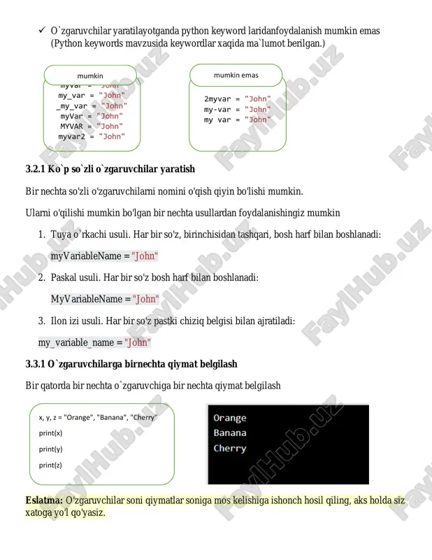 matlarni tartib bo`yicha aloxida o`zgaruvchilarda saqlash agar sizda list yoki tuple da qiymatlar bo`lsa uni o`zgaruvchilarga chiqarib olishingiz mumkin. bu pythonda unpacking deb ataladi unpacking xaqida ko`proq tuple ga bag`ishlangan darsda o`rganasiz 3.4 o`zgaruvchilarni chiqarish (output variables) 3.4.1. print() funksiyasi o`zgaruvchilarni chiqarish uchun ishlatiladi 3.4.2. print() funksiyasi orqali birnechta o`zgaruchilarni vergul bilan ajratgan xolatda xam chiqarishingiz mumkin 3.4.3 o`zgaruvchilar orasiga vergul o`rniga + qo`yib chiqarishingiz ham mumkin x = y = z = "orange" print(x) print(y) print(z) fruits = ["apple", "banana", "cherry"] x, y, z = fruits print(x) print(y) print(z) x = "python is awesome" print(x) x = "python" y = "is" z = "awesome" print(x, y, z) !!! xar bir qiymatdan keyin qo`shtirnoqni yopishdan oldin bitta joy (probel) tashlashni unutmang. yu`qoridagi misolda is dan keyingi bo`sh joyni ochirib qo`ysak natijani ko`ring !! is va awesome ni qo`shib yubordi 3.4.4 raqamli o`zgaruvchilar uchun + matematik ishora sifatida ishlaydi !!! diqqat …