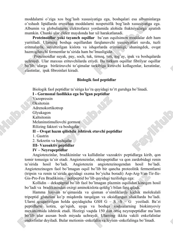otani ko’p va aminokislota prolinni kam saqlaydi. glyutelinlarga guruchdan olingan orezin va bug’doydan olingan glyutein kiradi. prolaminlar suvda, tuzli eritmalarda, kislota va ishqorlarda erimasligi xarakterlidir. ularni 70% etonal bilan ekstraktsiya qilib olinadi. ularning bu xususiyati ularda qutbli emas aminokislotalar va prolin borligiga bog’liqdir. prolaminlarga bug’doydan olingan gliadinlar, arpadan olingan gordeinlar va makkadan olingan zeinlar misol bo’ladi. albumin va globulinlar. albumin va globulinlar hamma hayvon va o’simliklar to’qimalarida uchraydi. qon oqsillari va boshqa biologik suyuqliklarning, oqsillarning asosiy qismini tashkil etadi. albuminlar suvda va tuzlarning kuchsiz eritmasida yaxshi eriydi. albuminning molekulyar massasi 35000–70000, ular qon zardobida, sutda, tuxum oqsillarida, muskullarda va boshqalarda ko’p uchraydi. albuminlar odam qon plazmasida normada 3–5 % atrofida bo’ladi. ular qutibli va qutibsiz molekulalarni adsorbsiya qiladilar. shu tufayli qon plazmasi albuminlari muhim transport vazifasini bajaradi. globulinlarning molekulyar massasi albuminning molekulyar massasidan katta bo’lib, 100 000 va undan ko’p bo’lishi mumkin. globulinlar ammoniy sulfat tuzining yarim to’yingan eritmasida onson …
