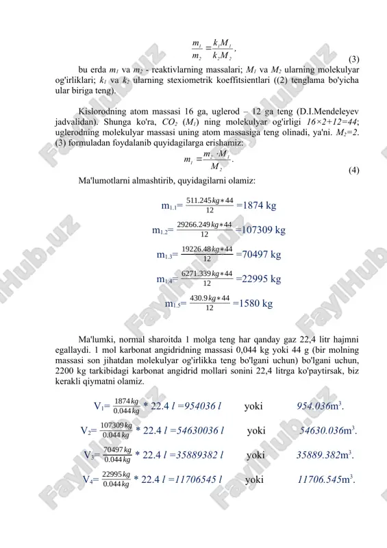 si balnadligida is gazini to‘planishini va is gazi qanday xajimni egallashini toping. sodda qilib aytganda, uglerod oksidi yuqori qismida joylashgan va boshqa gazlar bilan aralashmaydi deb taxmin qilamiz. hisoblash: barcha yoqilgan yoqilg'ini toza uglerod deb taxmin qilamiz. uning miqdori yonish koeffitsienti bilan yoqilg'i massasi mahsuloti bilan aniqlanadi: kmm 1 (1.5) yoki m1 = 26*0.78=20.28kg yoqilg‘ini yonishi parallel holda ikkita jarayonda boradi: ,cooc 22  (1.6) .co2oc2 2  (1.7) karbonad angidrid bir qismi cho‘g‘langan ko‘mir bilan ikkilamchi reaksiyaga kirishadi: .co2cco2  (1.8) (1.6) da keltirilgan reaksiyada qatnashadigan uglerodning massasi quyidagiga teng: 112  mm (1.9) yoki m2 = 20.28kg*0.21 = 4.2588 kg (1.7) da keltirilgan reaksiyada qatnashadigan uglerodning massasi quyidagiga teng: 213 mm  (1.10) yoki m3 = 20.28 kg * 0.13 = 2.6364 kg co ni hosil qiluvchi uglerodning umumiy massasi quyidagiga teng: 324 mmm  (1.11) yoki m4 = 4.2588 + 2.6364 =6.8952 kg osonlashtirish maqsadida is gazini …
