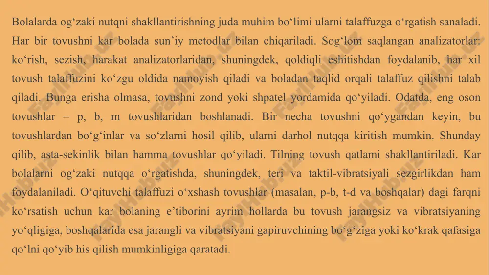 ‘quvchilar daktil nutqi orqali talaffuz qilib o‘qishni o‘rganadilar. matnlarni o‘qishda daktil nutqidan foydalanadilar. imo- ishora nutqidan kar bolalar bir umri davomida foydalanadilar. imo-ishora nutqi bu bir so‘zni bir harakat orqali ifodalanadi. shunday qilib, kar bolaning og‘zaki nutqini shakllantirish o‘qituvchi rahbarligida maxsus tashkil qilingan ta’lim jarayonidagina amalga oshirilishi mumkin bo‘lib, quyidagilarni o‘z ichiga oladi: nutqiy nafas olishni ishlash. modullangan ovozni qo‘yish ustida ishlash. talaffuzga o‘rgatish (tovushlarni qo‘yish) labdan o‘qish. lug‘at ishi. “ilk qadam” davlat o‘quv dasturida 6-7 yoshdagi maktabgacha yoshdagi bolalarning umumiy kompetensiyalari: jismoniy rivojlanish, ijtimoiy –hissiy rivojlanish, nutq, muloqat, o‘qish va yozish malakalari, bilish jarayoni rivojlanishi, ijodiy rivojlanish kabilar nazarda tutilgan. bilish kompetensiyasi- atrofdagi olamni ongli ravishda idrok qilish va olingan bilim, ko‘nikma va malaka, qadriyatlarni o‘quv-amaliy vazifalarni hal etish uchun foydalanishdir. aqliy tafakkuri rivojlangan bolalarda maktab dasturlarini o‘zlashtirish darajasi yuqori bo‘ladi. buning uchun bolaga eng kichik yoshidan e’tibor qaratish, bola rivojlanishida bilish jarayonlarini rivojlanishi uchun zarur faoliyat markazlarini va …