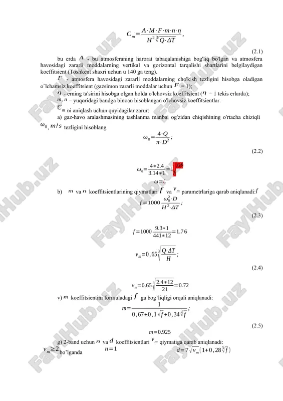 ntratsiyasi moddaning nomi xavf sinfi remk, mg/m3 maksimal bir martalik o'rtacha kunlik azot oksidi no 3 0,6 0,06 uglerod oksidi co 4 5,0 3,0 azot dioksidi no2 2 0,085 0,04 oltingugurt dioksidi co2 3 0,5 0,05 2.2-topshiriq. suv havzalarini muhofaza qilish bo'yicha topshiriq. ishlab chiqarish korxonalaridan chiqayotgan oqova suvlarni suv havzalariga tushirish xususiyatlarini hisoblash. ab 7802187 parametrlar 7 zararli komponent kerosin pemk, mg/l 0,7 q, m3/c 20,0 q, m3/c 1 v, m/c 1,2 h, m 0,5 l, m 500 ls, m ls=l/5 c, mg/l 0,18 barcha variantlar uchun ε=1; lt / lto’g’ = 1 hisoblash usuli ko'pgina omillar: daryo, qirg'oqlar va oqova suvlarning holati suv massalarining harakatlanish tezligiga ta'sir qiladi va oqova suvlarni (os) chiqarish nuqtasidan to'liq aralashtirishgacha bo'lgan masofani aniqlaydi. chiqindilarni suv havzalariga tashlash, qoida bo’yicha, oqova suvlarni suv havzalaridagi suv bilan ularni aralashtirish joyida to'liq aralashtirish imkoniyatini ta'minlaydigan tarzda amalga oshirilishi kerak (maxsus chiqishlar, rejimlar, konstruksiyalar). shu bilan …