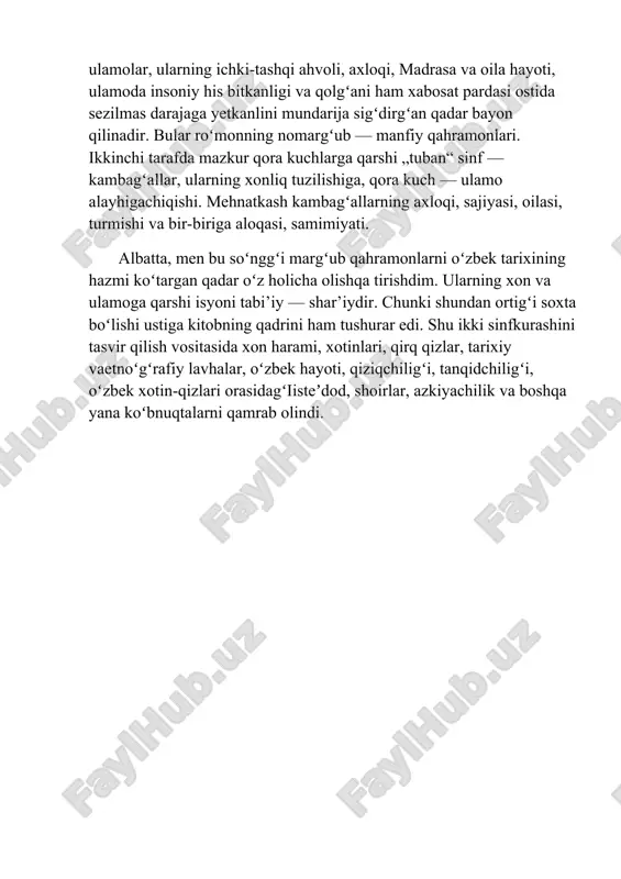 ayot haqiqatini „orttirmay va kamitmay“ oʻz holicha jamiki qirralari, tovlanishlari bilan gavdalantirgan, xarakterlar olamini, ruhiyatini oʻziga xos ohanglar, boʻyoqlar vositasida kashf etib bergan oʻxshashi yoʻq badiiy obida boʻlib hisoblanadi. "turkiston feodallarining keyingi vakili boʻlgʻan xudoyorning oʻz xohishi yoʻlida dehqon ommasi va mayda hunarmand — kosib sinfini qurbon qilishi, mamlakat xotin-qizlarini istagancha tasarruf etishi, bunga qarshi kelguchilar tilasa kim boʻlmasin, rahmsiz jazo berishi roʻmonning mavzuidir. xudoyorning bu yoʻldagʻi birinchi istinodgohi boʻlgʻan ulamolar, ularning ichki-tashqi ahvoli, axloqi, madrasa va oila hayoti, ulamoda insoniy his bitkanligi va qolgʻani ham xabosat pardasi ostida sezilmas darajaga yetkanlini mundarija sigʻdirgʻan qadar bayon qilinadir. bular roʻmonning nomargʻub — manfiy qahramonlari. ikkinchi tarafda mazkur qora kuchlarga qarshi „tuban“ sinf — kambagʻallar, ularning xonliq tuzilishiga, qora kuch — ulamo alayhigachiqishi. mehnatkash kambagʻallarning axloqi, sajiyasi, oilasi, turmishi va bir-biriga aloqasi, samimiyati. albatta, men bu soʻnggʻi margʻub qahramonlarni oʻzbek tarixining hazmi koʻtargan qadar oʻz holicha olishqa tirishdim. ularning xon va ulamoga …