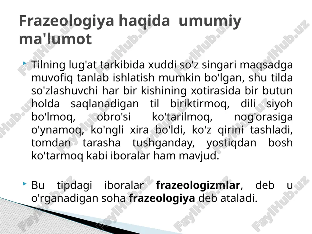 iboralarda so'zlar orasidagi garmmatik aloqa sezilib tursa-da, ular gap bo'laklariga ajralmaydi, balki butun holda bitta sintaktik yulduzni benarvon uradigan yigitlar - o'shalar gapidagi yulduzni benarvon uradigan iborasi to'ldiruvchi, hol va kesimga ajralmaydi, balki butun holda bitta birikmali aniqlovchi vazifasini bajaradi.  masalan, yulduzni benarvon uradigan yigitlar - o'shalar gapidagi yulduzni benarvon uradigan iborasi to'ldiruvchi, hol va kesimga ajralmaydi, balki butun holda bitta birikmali aniqlovchi vazifasini bajaradi.  [frazeologizmlarning bu turida ibora butun holda ko'chma ma'noda qo'llaniladi, ammo iboraning umumiy ma'nosi uning tarkibidagi so'zlarning lug'aviy ma'nolari bilan ma'lum darajada bog'langan bo'ladi. masalan, oralaridan qil o'tmaydi, tepa sochi tika bo'ldi, og'zi qulog'iga yetdi, pashshadan fil yasamoq va boshqalar.  bunday iboralarda mubolag'a, o'xshatish kabi tasviriy vositalarning qo'llanishi uning obrazliligini, ta'sirchanligini oshiradi. masalan, hamma ish xairda qil sug'urgandan imim jimida hal bo'ldi. frazeologik birlashmalar so’z kiritish soʻzlardan birini boshqa ma'nodagi so'z bilan almashtirish tarkibidagi so'zlar o'rnini o'zgartirish frazeologik birlashmalar  frazeologizmlarning bu turida …