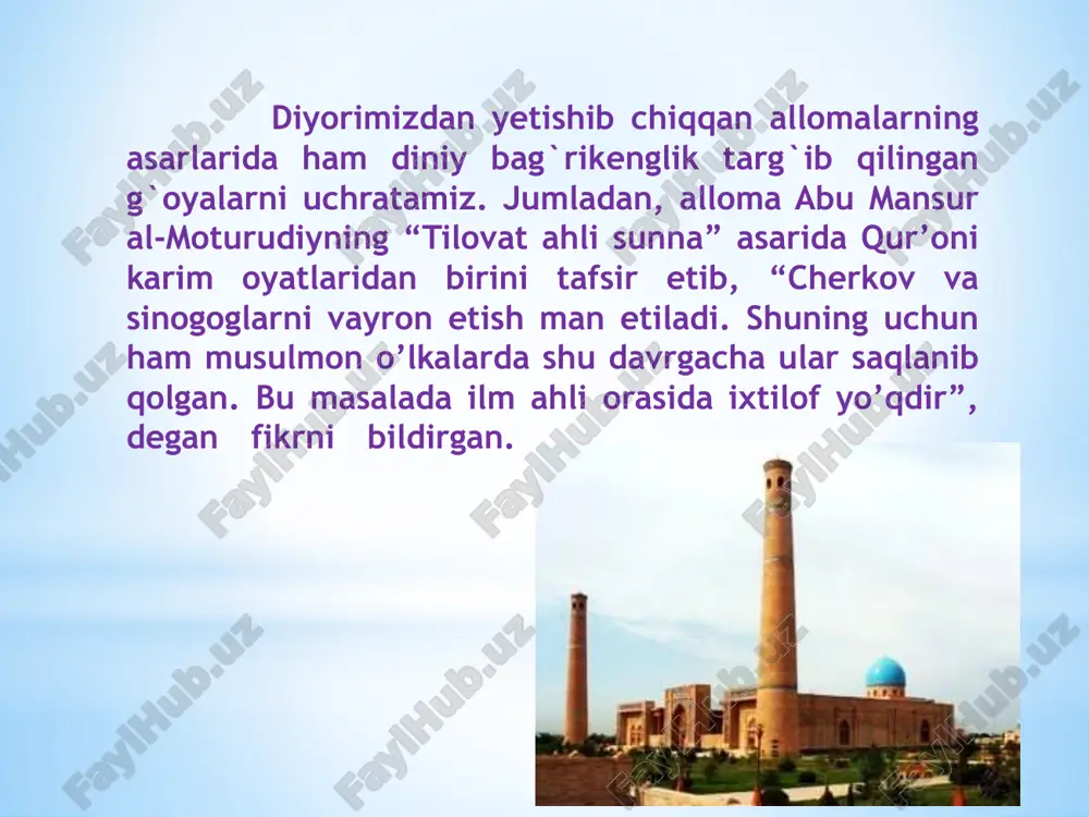 i yahudiylar, 6 tasi bahoiy jamoasi, 1 tasi krishnani anglash jamiyati va 1 tasi buddaviylikni tashkil etadi. bulardan tashqari respublikada konfessiyalararo bibliya jamiyati ham faoliyat yuritmoqda. o’zbekistonda nasroniylikning uch yirik yo’nalishi pravoslav, katolik va protestantlik yo’nalishlariga oid diniy tashkilotlar mavjud. shuningdek, nasroniylikda o’z yo’nalishiga ega bo’lgan arman apostollik cherkovi ham faoliyat ko’rsatmoqda. o’zbekistonda tom ma’noda diniy bag`rikenglikning yuksak an’analariga amal qilinayotgani jahon xamjamiyati tomonidan e’tirof etilmoqda. prezidentimiz ta’biri bilan aytganda, “bugun mana shunday xavfli – tahlikali, o’ta notinch bir davrda jahon moliyaviy inqirozi hali – beri davom etayotgan bir paytda el-yurtimiz nimaiki natijalarni qo’lga kiritmasin, bularning barchasi yurtimizda tobora mustahkam bo’lib borayotgan tinchlik va osudalik, millatlar, dinlar va fuqarolararo totuvlik va ahillik, bir – birimizga hurmat va ehtirom hisobidan desak, o’ylaymanki, hech qanday xato bo’lmaydi”. darhaqiqat, har bir inson, jamiyat va millatlar bashariyatning turli tuman urf odatlari, madaniyati va qadriyatlarini tan olgan holda bag`rikenglik munosabatida bo’lishlari zarur. zero, bu taraqqiyot …