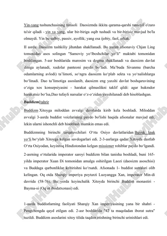 ida taqdim etishning birinchi urinishlari edi. qadimgi xitoy madaniyati. qadimgi xitoy madaniyati butun uzoq sharq mintaqasining tarixiymadaniyssivilizatsiyasiga asos solgan desak, mubolag‘a bo‘lmaydi. bu erdagi dastlabki falsafiy-teologik tafakkur insonning shaxsiga qaratilganligi bilan e’tiborlidir. in davridayoq xitoyliklar 30 ming sonigacha sanoqni bilishgan. astronomiyani esa hosil yig‘ishda dehqonchilikka bog‘lay olganlar. mil. avv. 613 yili qadimgi xitoyliklar birinchi bor galiley kometasini aniqlaganlar. mexanikani bilish irrigatsiya va mudofaa inshootlarini qurishda qo‘l kelgan. dunyoni yaratilishini qadimgi xitoyliklar quyidagicha tasavvur qilishgan. ya’ni, dastlabki inson in va yan ruhlari ta’sirida yaratilganligi, in ruhi yer bo‘lganligi va ular dunyoni muvozanatga solganligi ta’riflanadi. dastlabki inson pangu deb nomlangan. u kosmik tuxumni bolg‘a bilan ikkiga bo‘lib tashlagach, barcha yaxshilik va tozalik engil bo‘lganligi uchun samoga ko‘tarilgan va osmonni hosil qilgan. barcha og‘ir va iflos narsalar erni tashkil qilgan. vafot etgan panguni tanasidan dunyo yuzaga kelgan deb tasavvur qilingan. boshqa rivoyatlarda insonlarni yaratuvchisi sifatida ilon dumli nyuyva ilohasi tilga olinadi. xitoy aholisining …