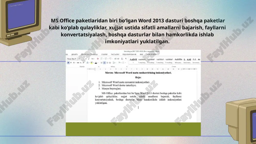 da o‘ta muhim bo‘lgan xujjatlarni parol bilan ximoya qilish zarur bo‘ladi. ·xotiradan biror xujjatni oching. ·fayl-svedeniya-zashita dokumenta- zashifrovat s ispolzovaniem parolya buyrug‘ini bajaring. paydo bo‘lgan dialog oynaga parolni kiriting. parolni yodingizda saqlang yoki yon daftarchangizga yozib qo‘ying. chunki parol unitilsa uni tiklab bo‘lmaydi ·ok knopkasini bosing. keyingi oynaga ham aynan shu parolni qayta yozing ·ok knopkasini bosing. ·tekshirish uchun xujjatni xotiraga oling va uni yoping. ·xujjatni qaytadan ochishga harakat qiling. ·parol dialog oynaga to‘g‘ri parolni kiriting. ·ok knopkasini bosing. ·parolni olib tashlash uchun fayl-svedeniya-zashita dokumenta- zashifrovat s ispolzovaniem parolya buyrug‘ini bajaring. ·paydo bo‘lgan dialog oynadan parolni o‘chirib yuboring. ·ok knopkasini bosing. sozdat dokument pdf/xps xujjatni taxrirlanishidan ximoyalash uchun pdf yoki xps formatlariga eksport qiladi. izmenit tip fayla xujjatni turli tiplarga eksport qilish ishlarini amalga oshiradi. zakrit joriy xujjat oynasini yopish (dastur oynasini emas). foydalanilgan adabiyotlar 1. aripov m.m, lutfillayev m.x., “informatika va axborot texnologiyalari”. o‘quv qo‘llanma. toshkent. o‘zmu, 2015 yil. …