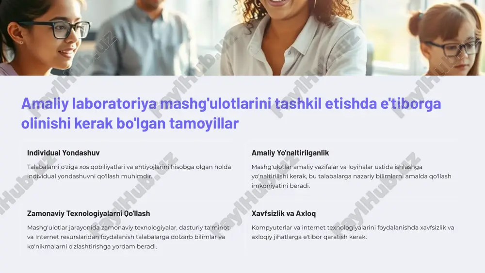 shga yordam beradi. https://gamma.app/?utm_source=made-with-gamma laboratoriya mashg'ulotlarida talabalar mustaqil ishini tashkil etish xususiyatlari mustaqil ish rejasi talabalarga mustaqil ishni bajarish uchun aniq reja va ko'rsatmalar berish kerak. resurslarga kirish talabalarga kerakli o'quv-uslubiy materiallar, dasturiy ta'minot va internet resurslariga kirish imkoniyatini yaratish kerak. maslahat va yordam talabalarga kerakli bo'lganda maslahat va yordam berish, ularning qiyinchiliklarini bartaraf etish va ularga o'z ishlarini bajarishda yordam berish kerak. baholash talabalarni mustaqil ishlari bo'yicha baholash, ularning yutuqlarini e'tirof etish va ularning o'sishini kuzatib borish kerak. https://gamma.app/?utm_source=made-with-gamma amaliy laboratoriya mashg'ulotlarida raqamli texnologiyalardan foydalanish bulutli texnologiyalar bulutli xizmatlar talabalarga har qanday qurilmadan internet orqali dasturlar va ma'lumotlarga kirish imkoniyatini beradi. ular amaliy mashg'ulotlarni har qanday joydan bajarish imkonini beradi. simulyatsiyalar kompyuter simulyatsiyalari talabalarga xavfli yoki qimmat bo'lgan tajribalarni xavfsiz va arzon narxda o'tkazish imkonini beradi. bu talabalarga amaliy ko'nikmalarni shakllantirishga va yangi texnologiyalarni o'rganishga yordam beradi. virtual realllik virtual realllik texnologiyalari talabalarga haqiqiy dunyodagi muammolarni hal qilishga yordam …