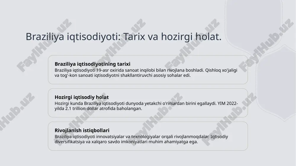 ar sektori yetakchilik qiladi. yalpi ichki mahsulot: oʻzbekiston va braziliya dinamikasi. 01 o'zbekiston yimi o'zbekistonning yalpi ichki mahsuloti 2023-yilda 80 milliard dollar atrofida bo'lib, o'sish sur'ati yiliga 5% dan oshdi. 02 braziliya yimi braziliyaning yalpi ichki mahsuloti 2023-yilda 2.1 trillion dollarni tashkil etib, o'sish sur'ati 2.5% ga yetdi. 03 taqqoslash o'zbekiston va braziliya o'rtasida yim o'sish sur'atlari farq qiladi: o'zbekiston yuqori o'sish sur'atlariga ega, braziliya esa katta iqtisodiy hajmga ega. 04 iqtisodiy omillar o'zbekistonda iqtisodiy o'sishni qo'llab-quvvatlovchi omillar, agrar va sanoat sektorlarining rivojlanishi, braziliyada esa mineral resurslardan foydalanishdir. iqtisodiy o'sish ko'rsatkichlari: oʻzbekiston va braziliya tahlili. 1 oʻzbekiston o'sishi o'zbekiston iqtisodiy o'sishi 2021 yilda 7.4% ga yetgan. boshqa mamlakatlar bilan solishtirganda, bu o'sish ko'rsatkichlari barqaror va istiqbolli. 2 braziliya o'sishi braziliya iqtisodiyoti 2022 yilda 2.8% o'sdi. ushbu o'sish, asosan, qishloq xo'jaligi va xizmatlar sektorining rivojlanishi bilan bog'liq. 3 taqqoslash natijalari o'zbekiston va braziliyaning iqtisodiy o'sish ko'rsatkichlari 2021-2022 yillarda bir-biridan farq qiladi. …