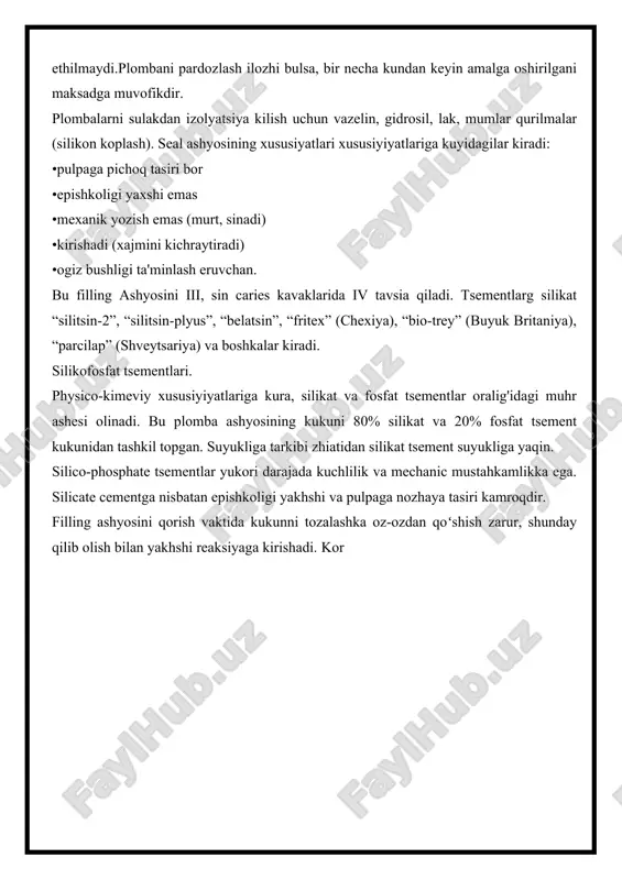 on koplash). seal ashyosining xususiyatlari xususiyiyatlariga kuyidagilar kiradi: •pulpaga pichoq tasiri bor •epishkoligi yaxshi emas •mexanik yozish emas (murt, sinadi) •kirishadi (xajmini kichraytiradi) •ogiz bushligi ta'minlash eruvchan. bu filling ashyosini iii, sin caries kavaklarida iv tavsia qiladi. tsementlarg silikat “silitsin-2”, “silitsin-plyus”, “belatsin”, “fritex” (chexiya), “bio-trey” (buyuk britaniya), “parcilap” (shveytsariya) va boshkalar kiradi. silikofosfat tsementlari. physico-kimeviy xususiyiyatlariga kura, silikat va fosfat tsementlar oralig'idagi muhr ashesi olinadi. bu plomba ashyosining kukuni 80% silikat va 20% fosfat tsement kukunidan tashkil topgan. suyukliga tarkibi zhiatidan silikat tsement suyukliga yaqin. silico-phosphate tsementlar yukori darajada kuchlilik va mechanic mustahkamlikka ega. silicate cementga nisbatan epishkoligi yakhshi va pulpaga nozhaya tasiri kamroqdir. filling ashyosini qorish vaktida kukunni tozalashka oz-ozdan qoʻshish zarur, shunday qilib olish bilan yakhshi reaksiyaga kirishadi. kor